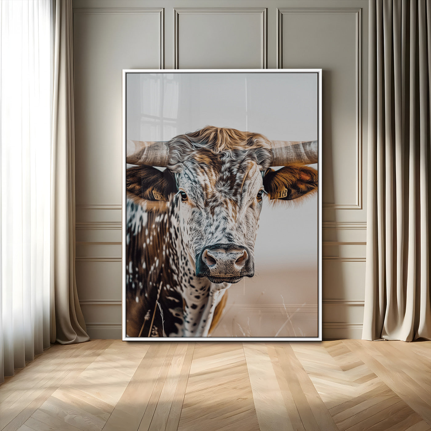 -Texas Longhorn Wall Art Canvas Print, Framed Speckled Cow Art Picture Print, Horned Bull Perfect Rustic Western Decor Artwork