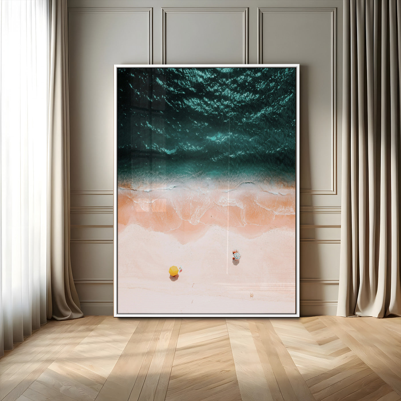 44468317-MGV-CV-24X36-Aerial Serenity Wall Art Canvas Print – Gentle Waves Peach Shore Yellow Umbrella Peaceful Beach Coastal Decor Artwork for Home