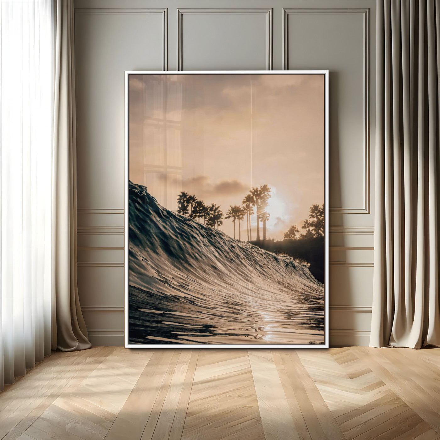 MGV-FP-48X32-3P - Sunset Wave Ocean Canvas Wall Art – Coastal Palm Trees, Surfing Beach Landscape, Large Tropical