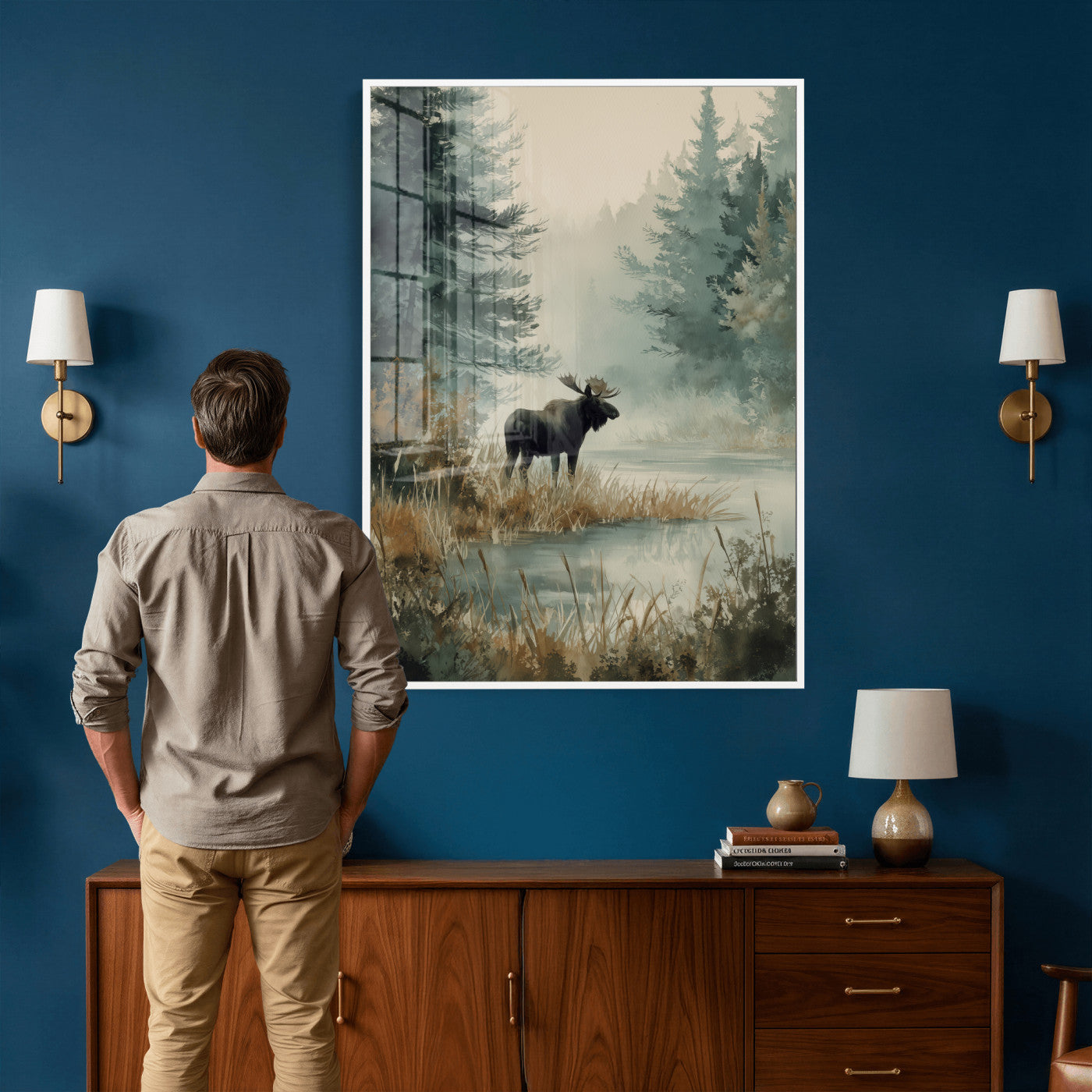 78345154-MGV-CV-24X36 - Watercolor Abstract Moose Forest Wall Art Canvas Print – Wildlife Nature Artwork Print for Living Room, Cabin, and Office Decor