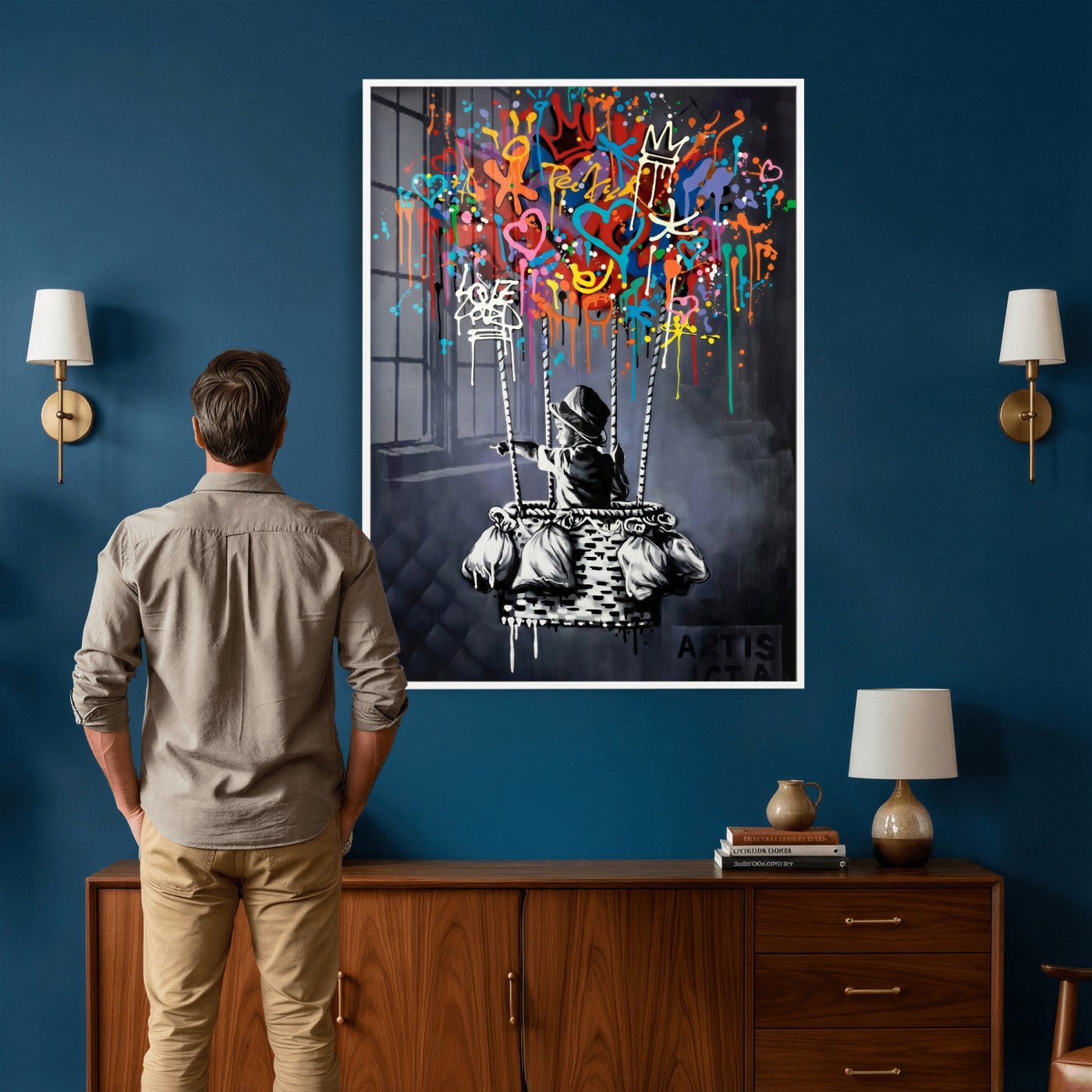 87352999-MGV-CV-24X36 - Banksy Inspired Boy Swing Wall Art Canvas Print, Graffiti Balloon Hearts Street Art, Colorful Urban Mural Artwork for Modern Living Room Decor