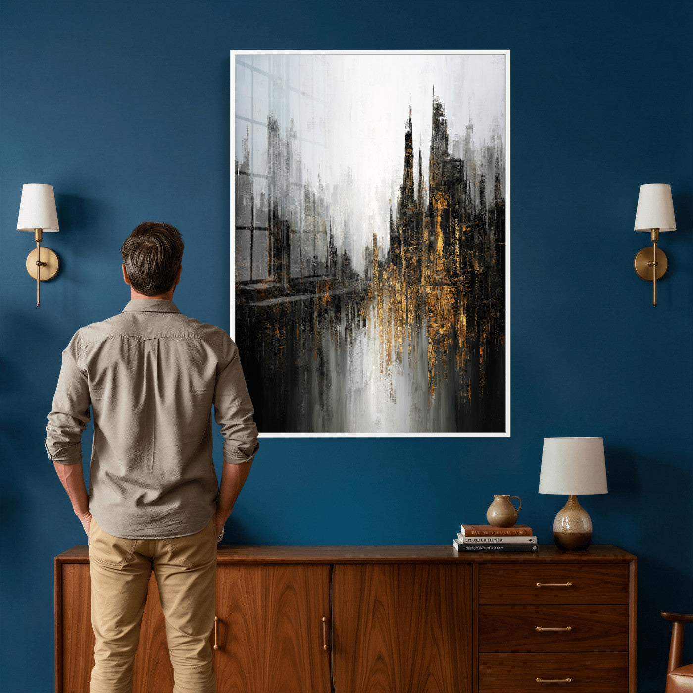 39629486-MGV-CV-24X36 - Abstract Urban Reflection Wall Art Canvas Print, Gold Black Modern Architecture Canvas Print, Contemporary Moody City Artwork for Living Room Decor