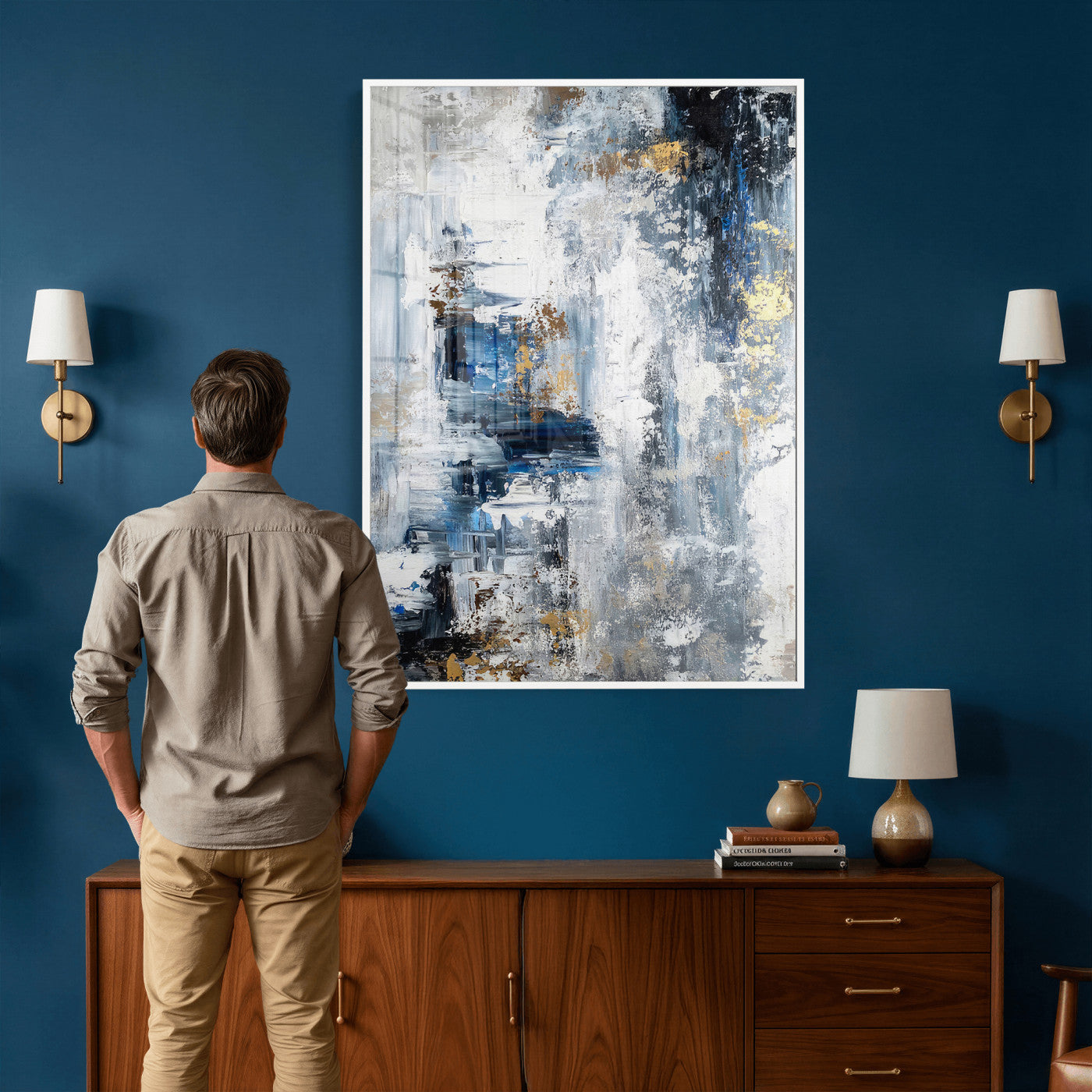 3962948988-MGV-CV-24X36 - Blue Abstract Wall Art Canvas Print, Gold Black Modern Architecture Canvas Print, Contemporary Moody City Artwork for Living Room Decor