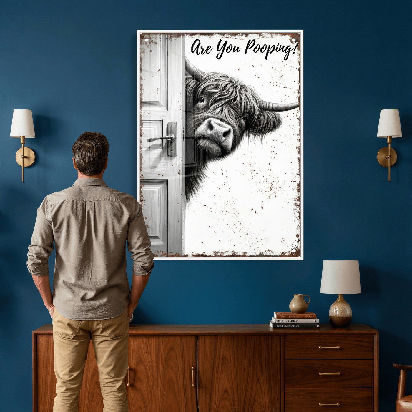 8151788G6-MGV-CV-24X36 - Funny Highland Cow Bathroom Wall Art Canvas Print, Are You Pooping Cow Sign, Rustic Farmhouse Bathroom Decor