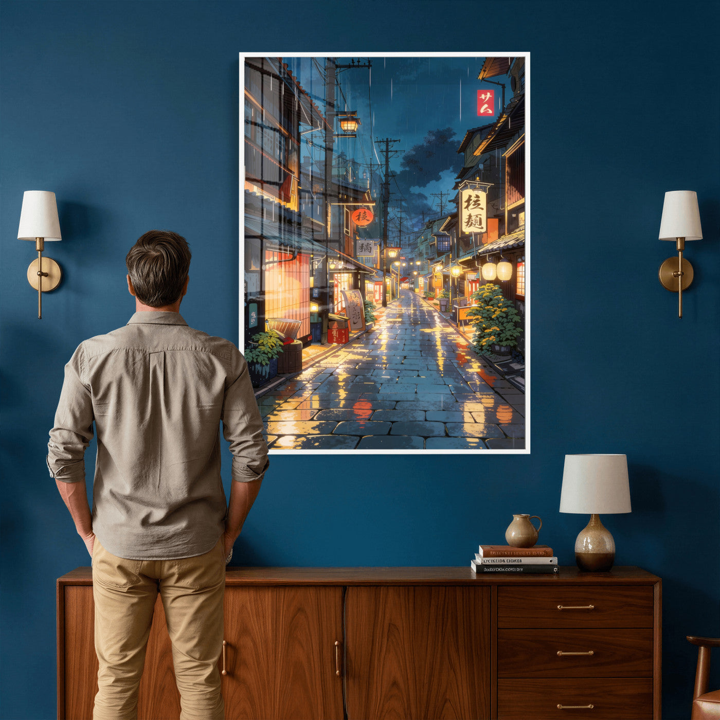 4712069J1-MGV-CV-24X36 - Tokyo Tea House Canvas Wall Art — Japan Rainy Night Street Print | Anime Style Decor | Japanese Tea House Art | Tokyo City Gift