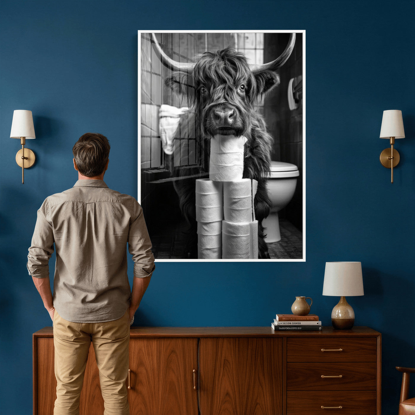 95909209-MGV-CV-24X36 - Highland Cow Toilet Paper Canvas Wall Art, Funny Bathroom Black White Print, Cute Animal Humor Decor, Quirky Farmhouse Bathroom Art, Cow Lover Gift