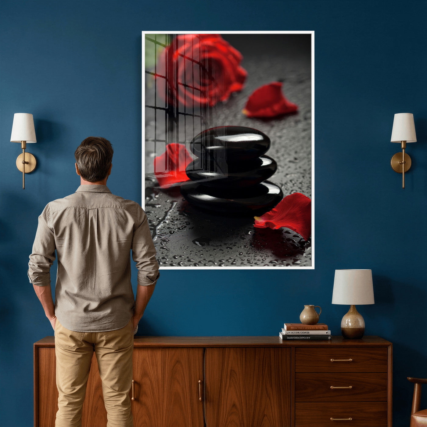 37334763-MGV-CV-24X36 - Black Lava Stone Rose Canvas | Red Rose Spa Photography Print | Stacked Stones Dark Luxury Wall Art | Dramatic Bathroom Decor