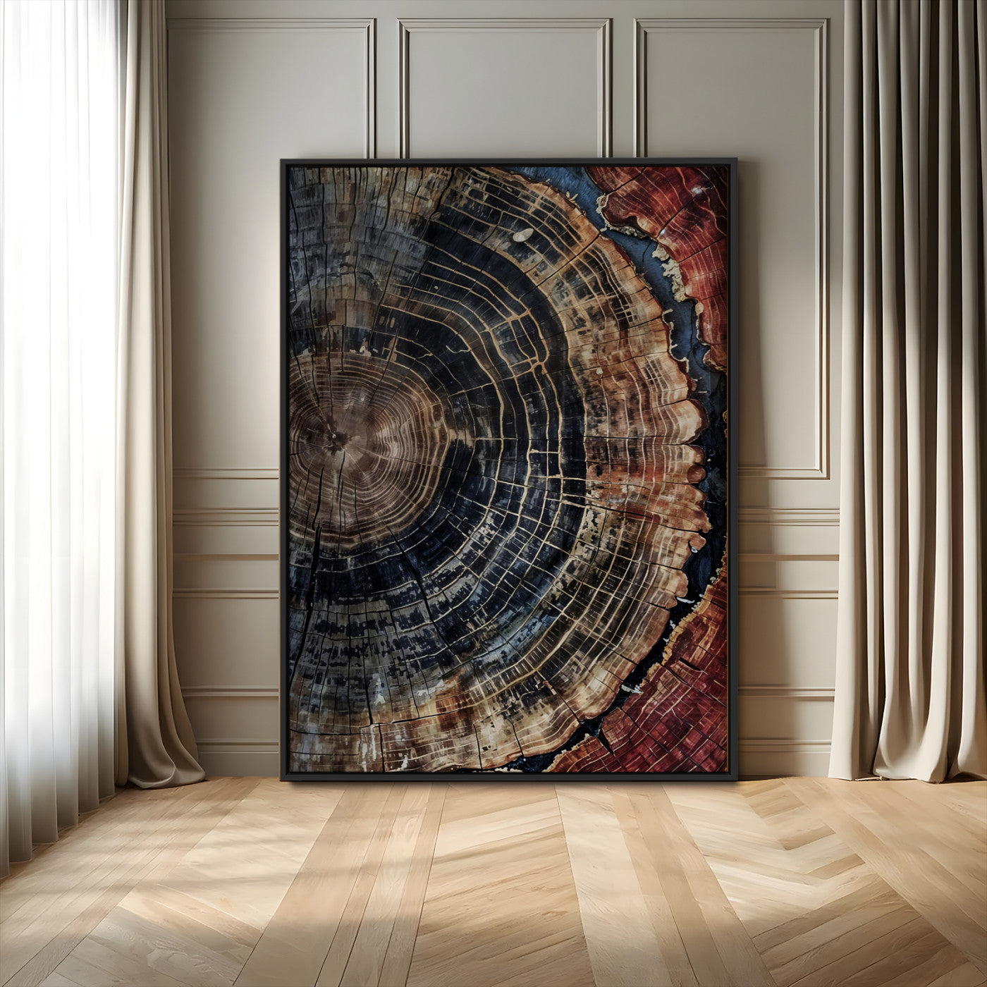 TEST3001-MGV-FP-48X32-3P_Black-Tree Rings Wall Art Canvas Print – Framed Rustic Wood Scene with Natural Texture Artwork for Home, Office