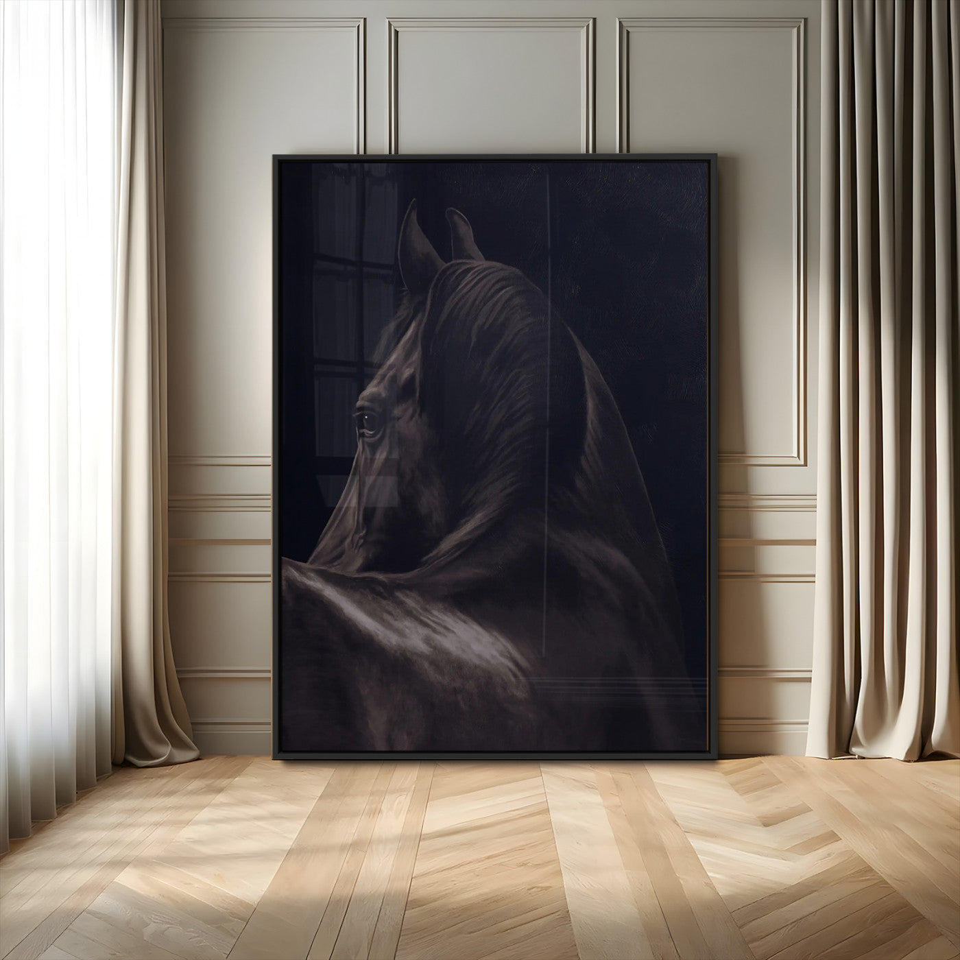 77538596-MGV-CV-24X36 - Dark Horse Wall Art – Majestic Silhouette Canvas Print, Sleek Mane, Graceful Strength, Elegant Equine Form, Timeless Beauty Decor for Home or Office