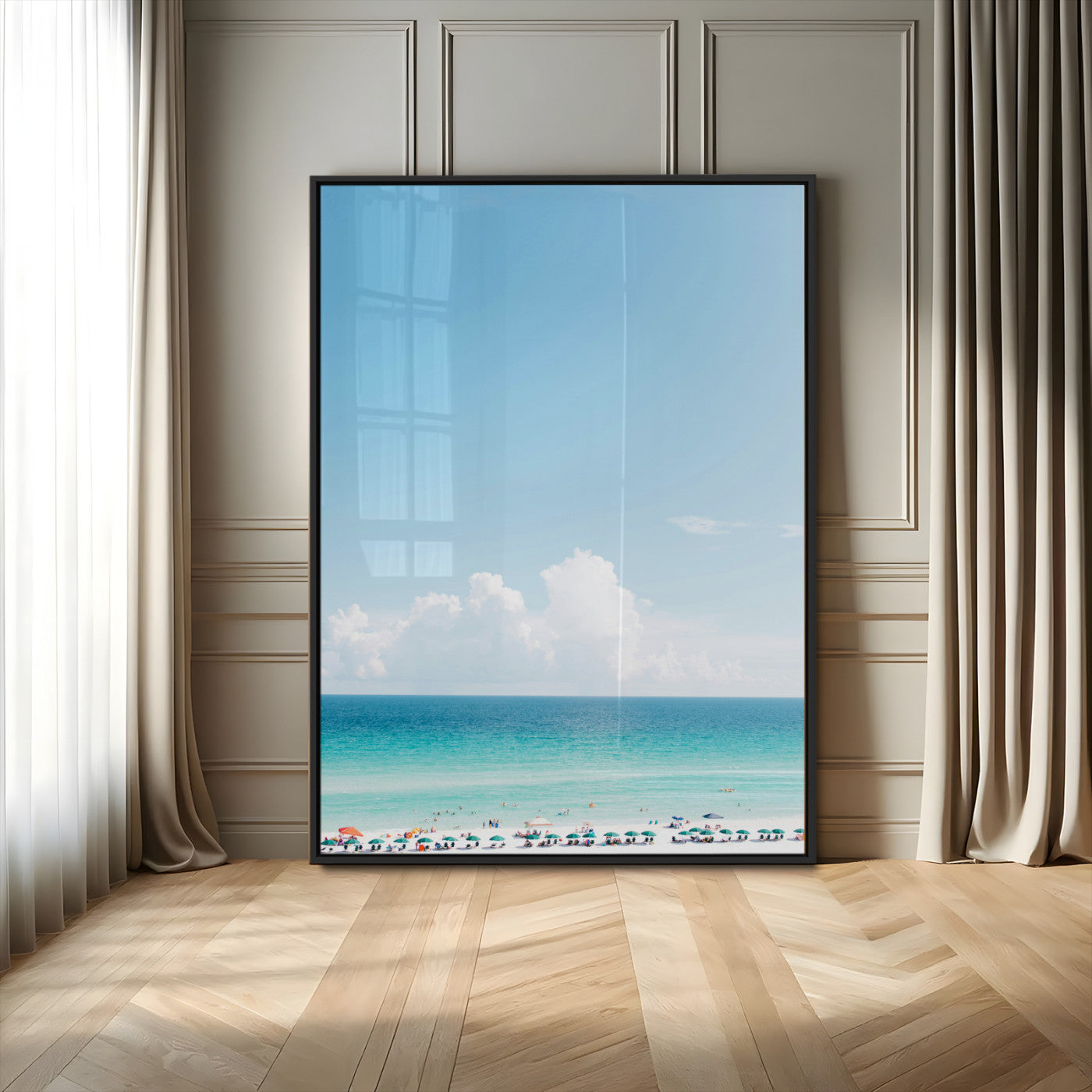 62954953-MGV-FP-48X32-3P_Black-Turquoise Ocean Wall Art Canvas Print – Framed Coastal Serenity White Sand Beach Artwork for Home Office