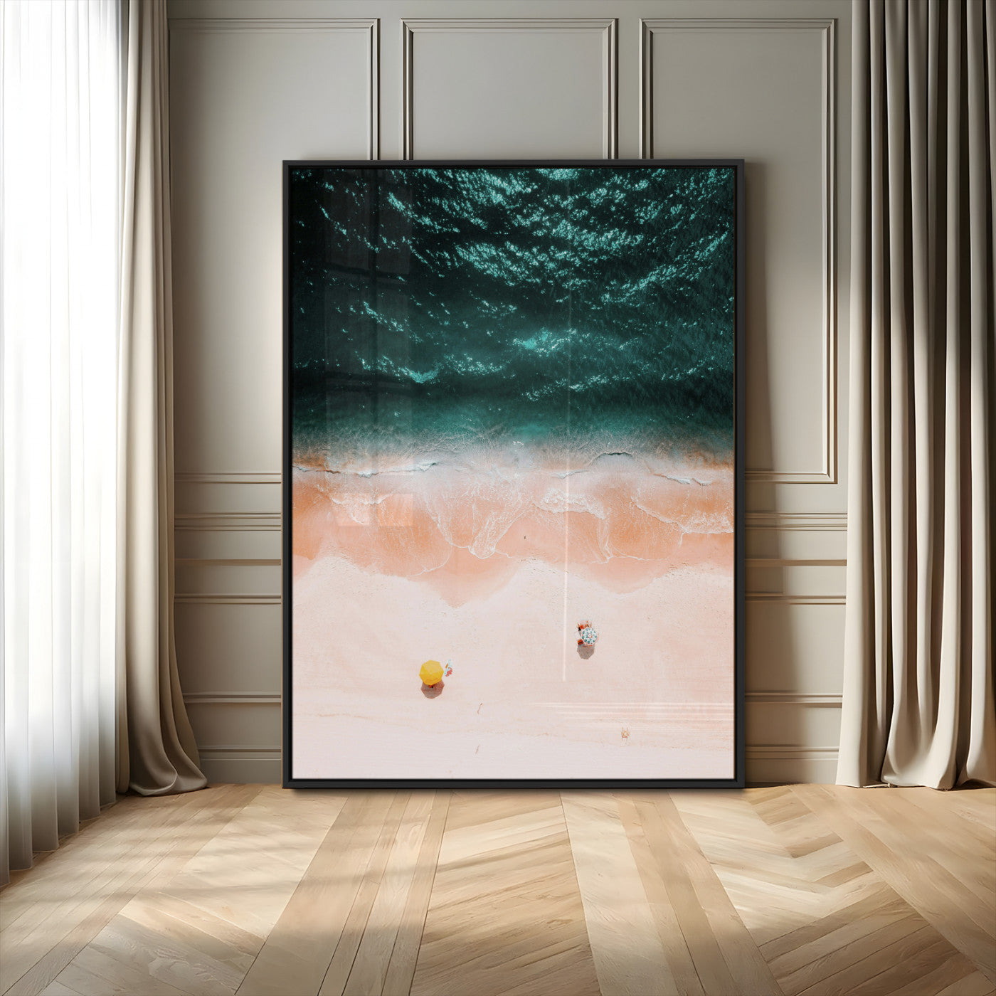 44468317-MGV-CV-24X36-Aerial Serenity Wall Art Canvas Print – Gentle Waves Peach Shore Yellow Umbrella Peaceful Beach Coastal Decor Artwork for Home