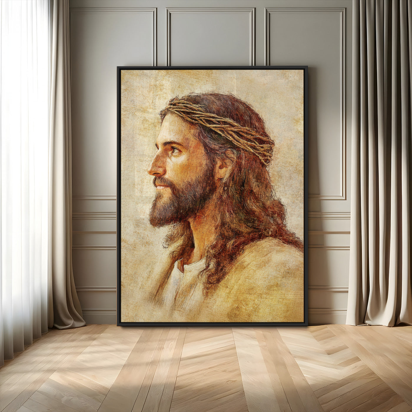 MGV-FP-48X32-3P - Jesus Christ Portrait Canvas Wall Art – Christian Faith Print, Crown of Thorns Detail, Inspirational