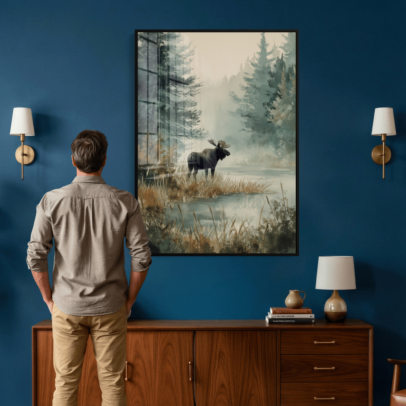 78345154-MGV-CV-24X36 - Watercolor Abstract Moose Forest Wall Art Canvas Print – Wildlife Nature Artwork Print for Living Room, Cabin, and Office Decor