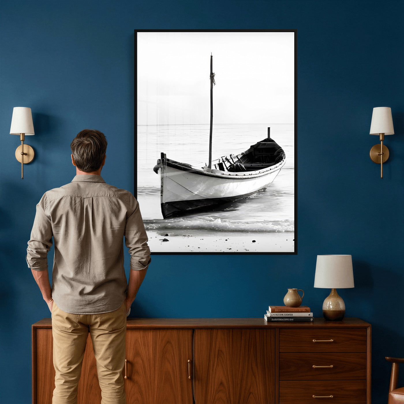 13080776-MGV-CV-24X36 - Minimal Boat Wall Art Canvas Print – Black and White Coastal Photography Artwork Print for Living Room, Bedroom, and Office Decor