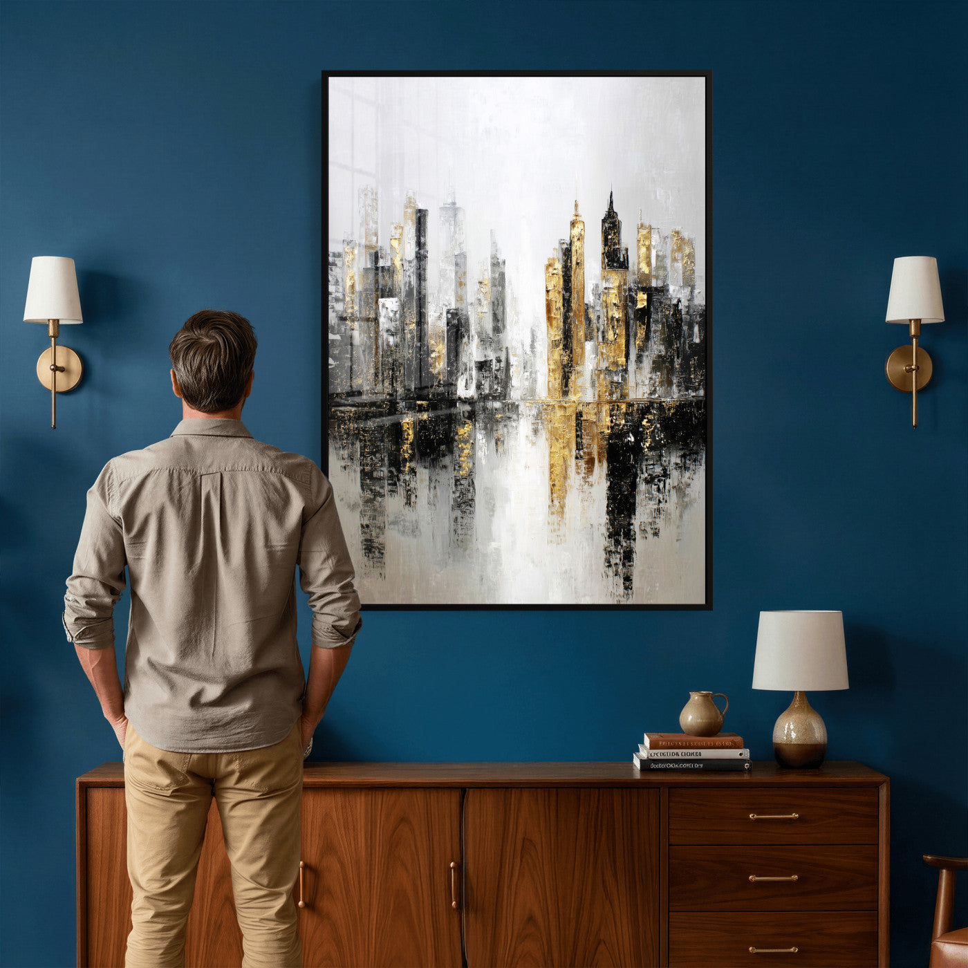 38126217-MGV-CV-24X36 - Abstract Urban Reflection Wall Art Canvas Print, Gold Black Modern Architecture Canvas Print, Contemporary Moody City Artwork for Living Room Decor