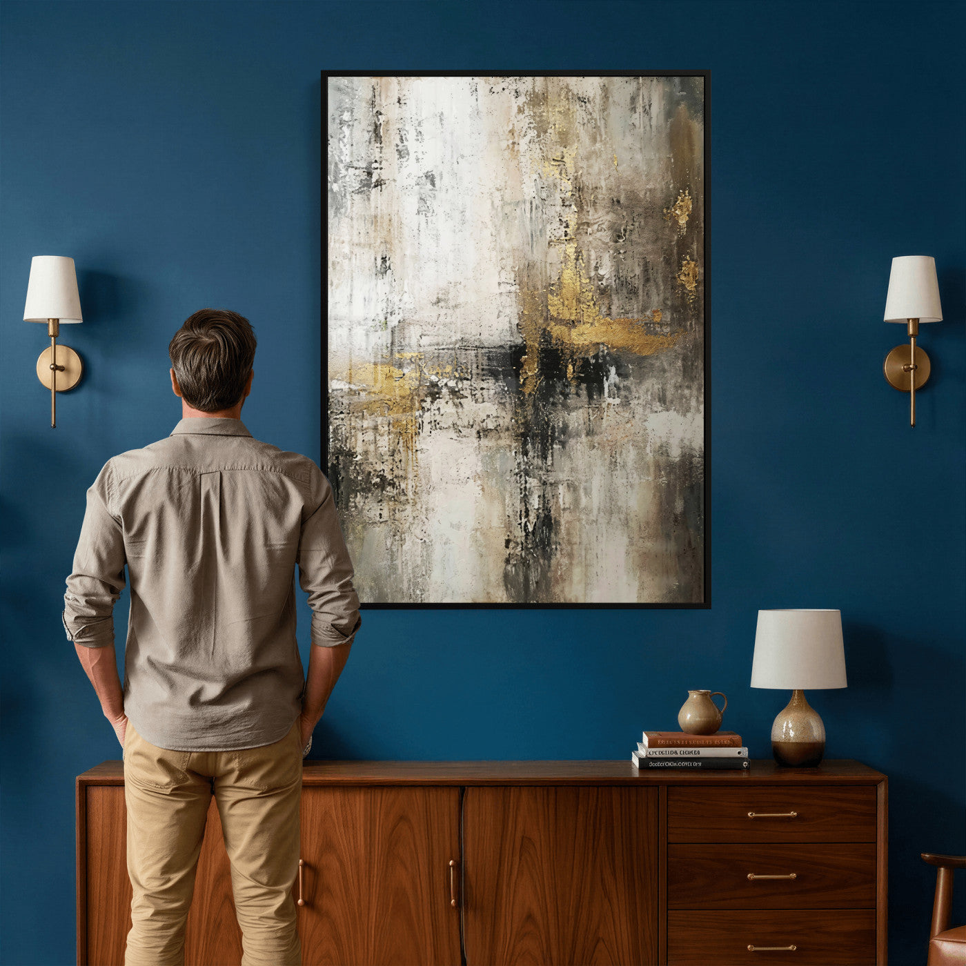 381262454-MGV-CV-24X36 - Framed Abstract Wall Art Canvas Print, Gold Black Modern Architecture Canvas Print, Contemporary Moody City Artwork for Living Room Decor