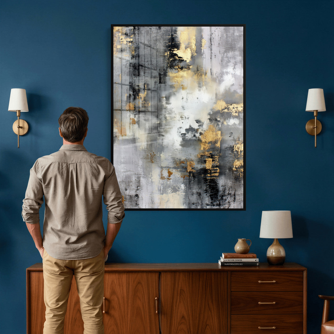 381262454543-MGV-CV-24X36 - Gray Gold Abstract Wall Art Canvas Print, Textured Modern Canvas Print, Minimalist Contemporary Artwork for Living Room Decor