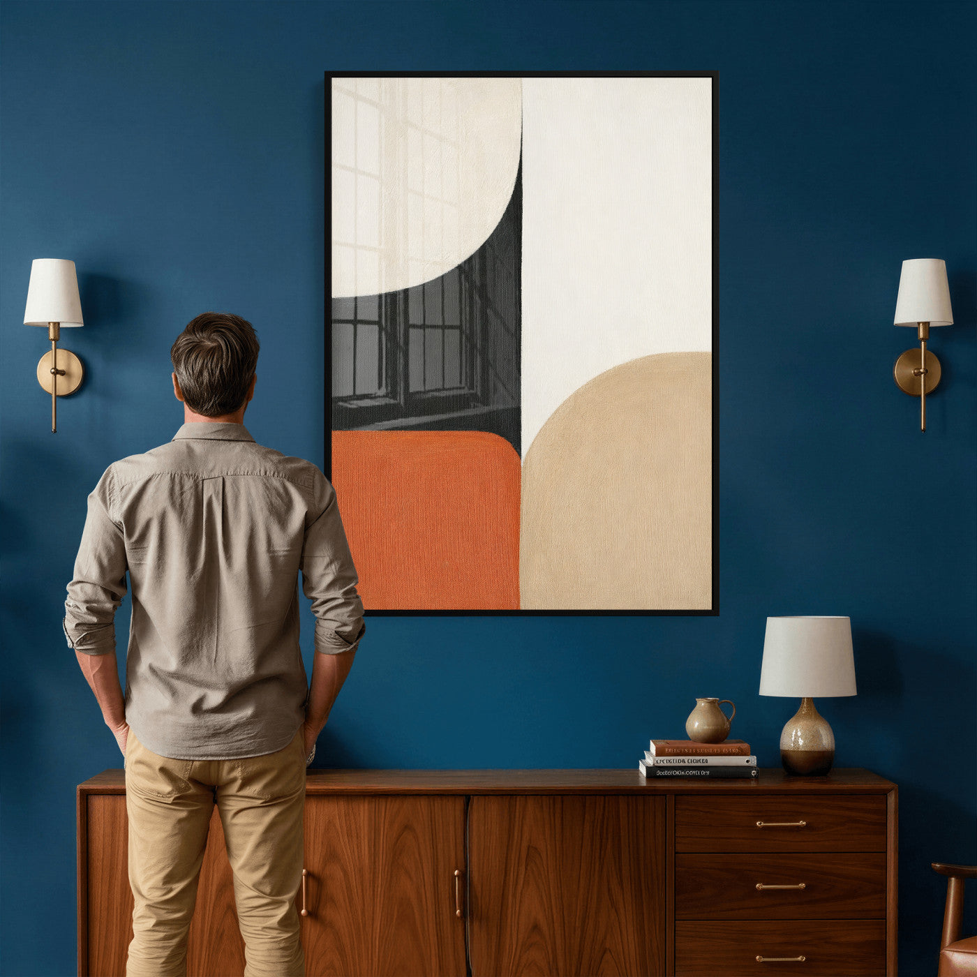 38800649-MGV-CV-24X36 - Geometric Abstract Wall Art Canvas Print, Orange Blue Abstract Expressionist Painting Print, Modern Geometric Abstract Canvas Art