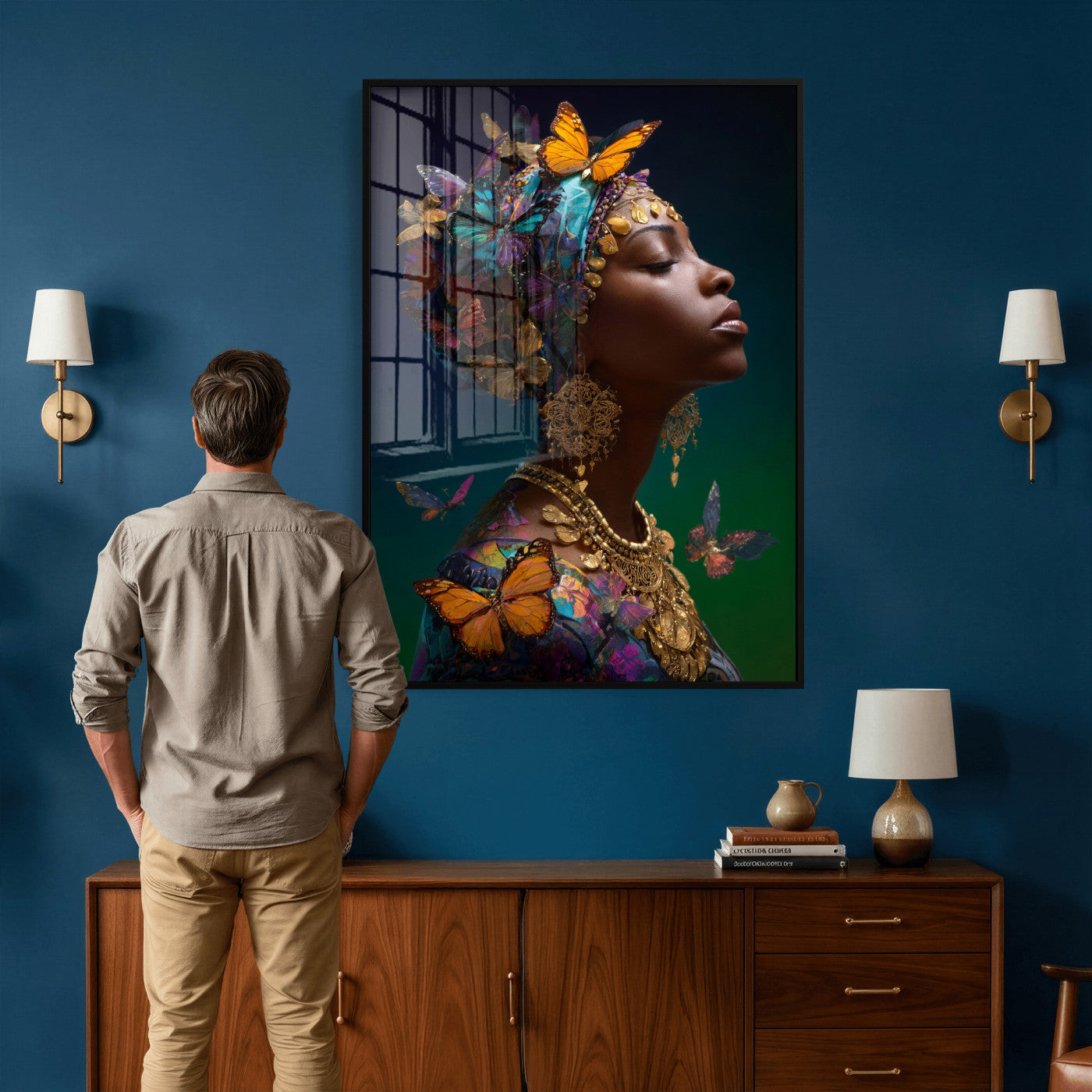 620930SZC0-MGV-CV-24X36 - Butterfly Crown Gold Woman Portrait — Monarch Queen Canvas Print | Teal Dark Fantasy Art | Boho Bedroom Wall Decor | Empowerment Gift Her