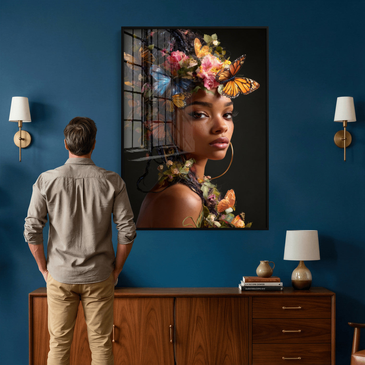 620930SZC10-MGV-CV-24X36 - Butterfly Crown Gold Woman Portrait — Monarch Queen Canvas Print | Teal Dark Fantasy Art | Boho Bedroom Wall Decor | Empowerment Gift Her