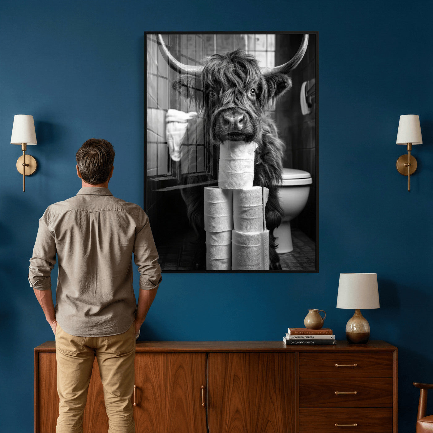 95909209-MGV-CV-24X36 - Highland Cow Toilet Paper Canvas Wall Art, Funny Bathroom Black White Print, Cute Animal Humor Decor, Quirky Farmhouse Bathroom Art, Cow Lover Gift