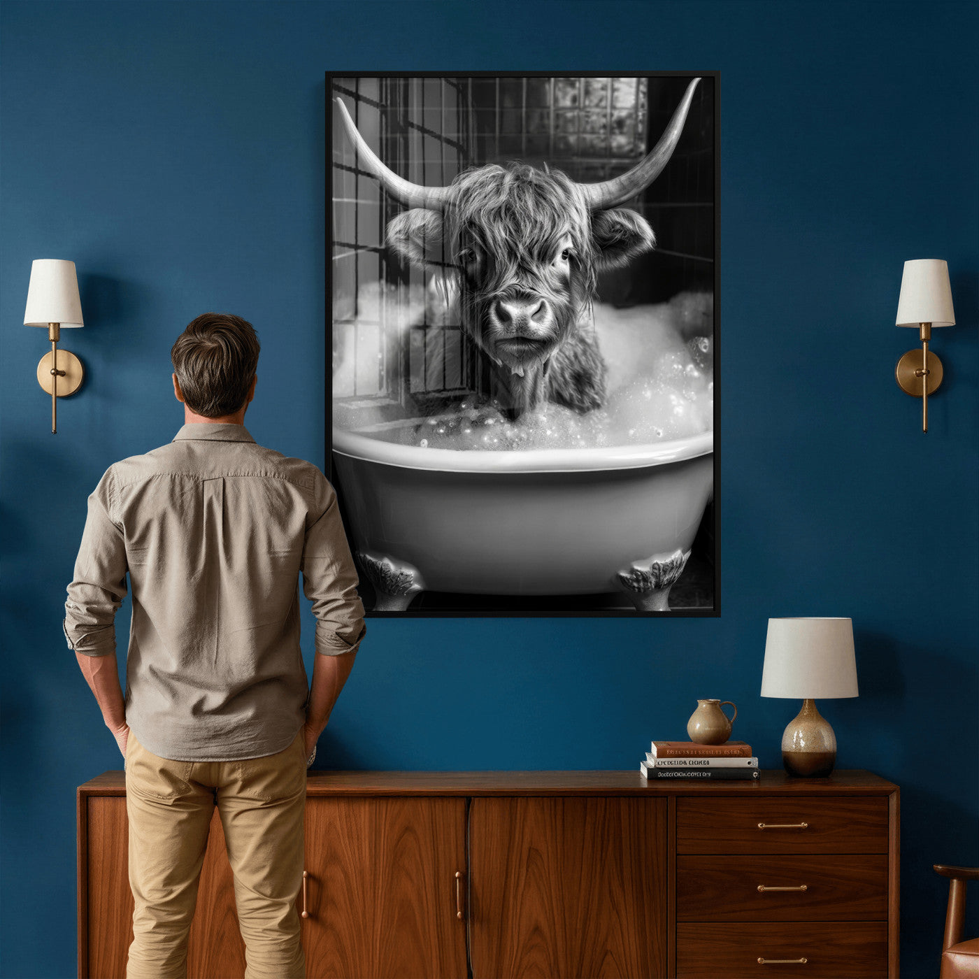 44020264-MGV-CV-24X36 - Highland Cow Bathtub Canvas Wall Art, Funny Bathroom Print Black White, Grumpy Cow Bubble Bath Decor, Animal Bathroom Art, Farmhouse Humor Print, Cute Cow Gift