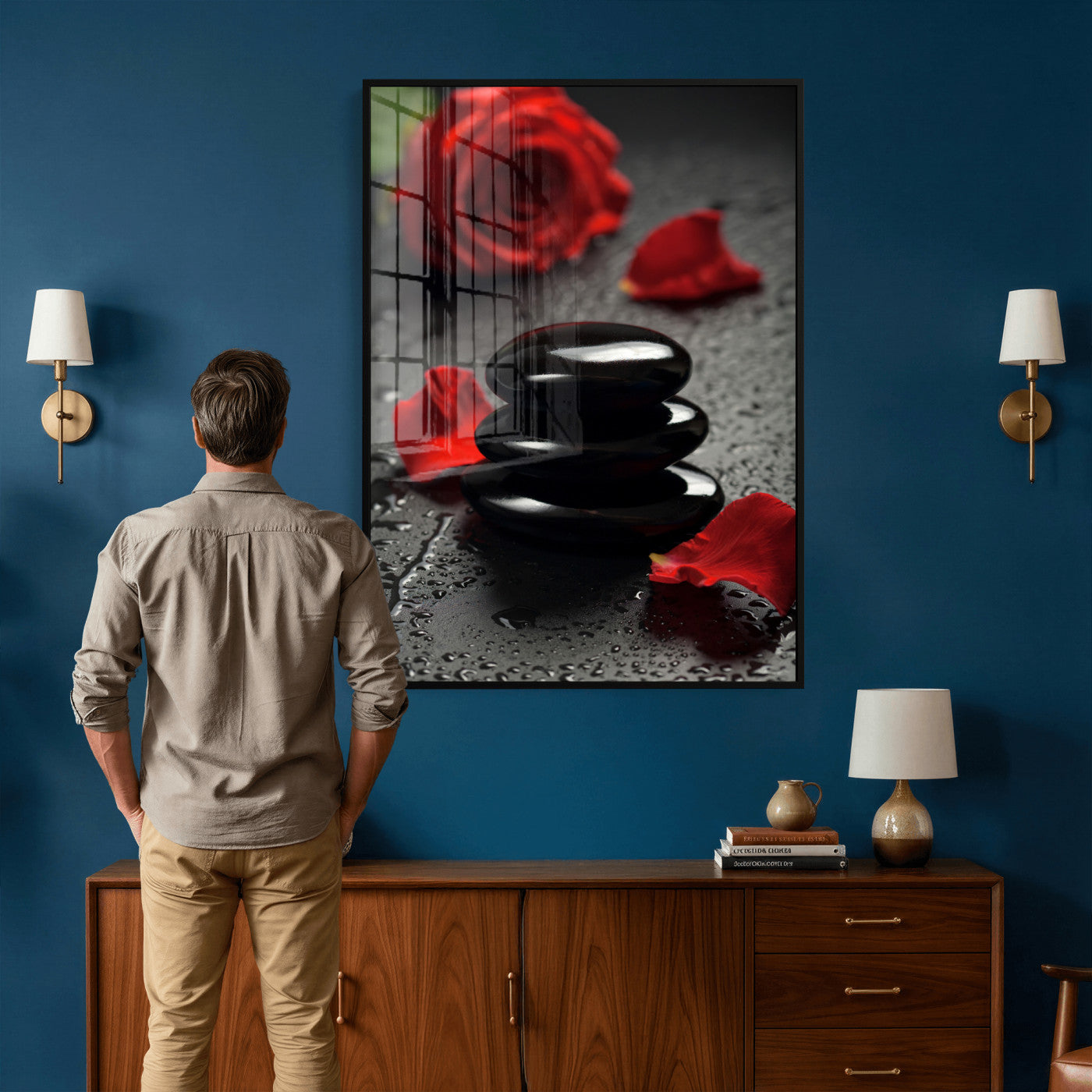 37334763-MGV-CV-24X36 - Black Lava Stone Rose Canvas | Red Rose Spa Photography Print | Stacked Stones Dark Luxury Wall Art | Dramatic Bathroom Decor