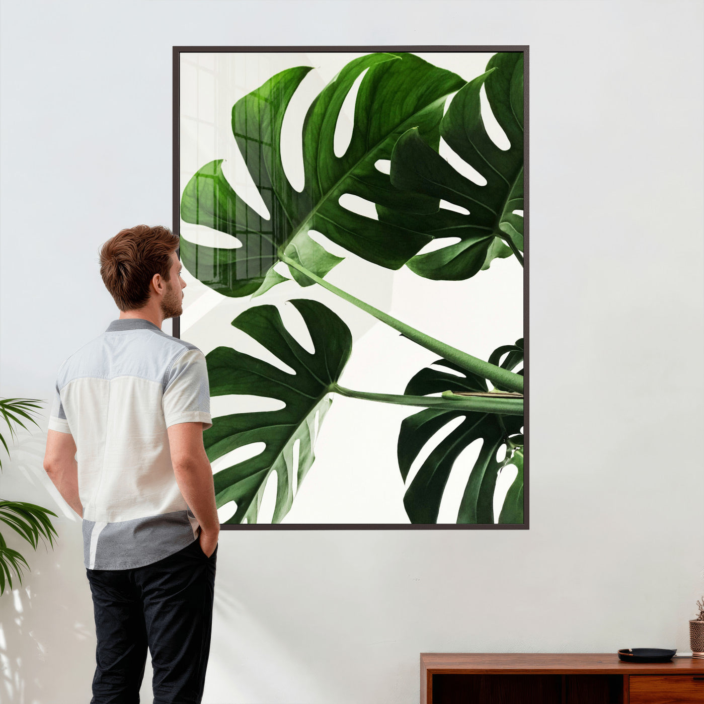 62365202-MGV-CV-24X36 - Green Monstera Leaf Wall Art Canvas Print, Tropical Botanical Wall Decor, Modern Minimal Plant Art, Framed Canvas Wall Art Ready to Hang