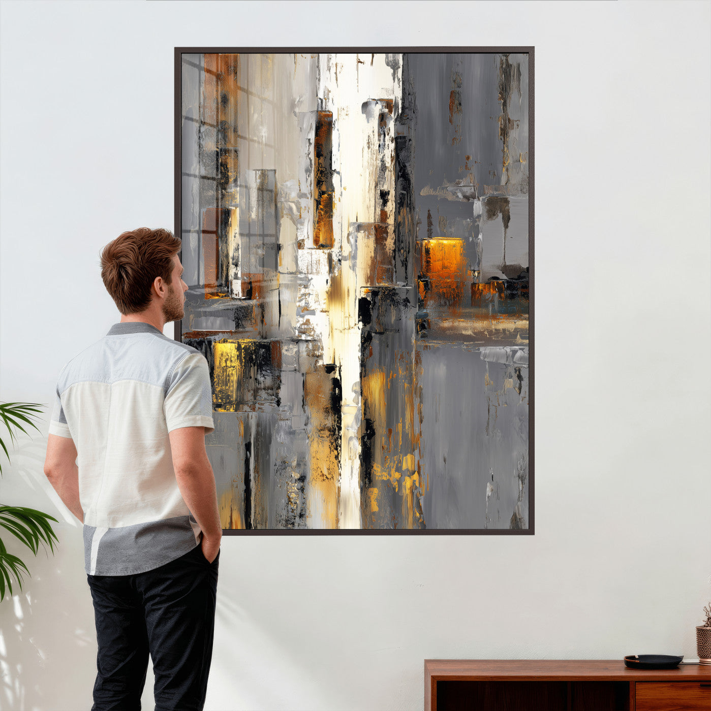 35992080-MGV-CV-24X36 - Abstract Urban Reflection Wall Art Canvas Print, Gold Black Modern Architecture Canvas Print, Contemporary Moody City Artwork for Living Room Decor
