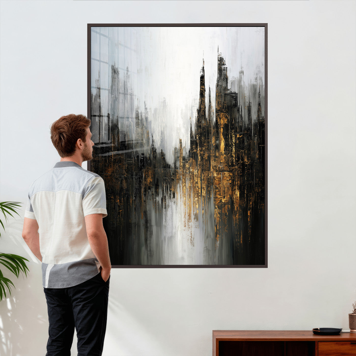 39629486-MGV-CV-24X36 - Abstract Urban Reflection Wall Art Canvas Print, Gold Black Modern Architecture Canvas Print, Contemporary Moody City Artwork for Living Room Decor
