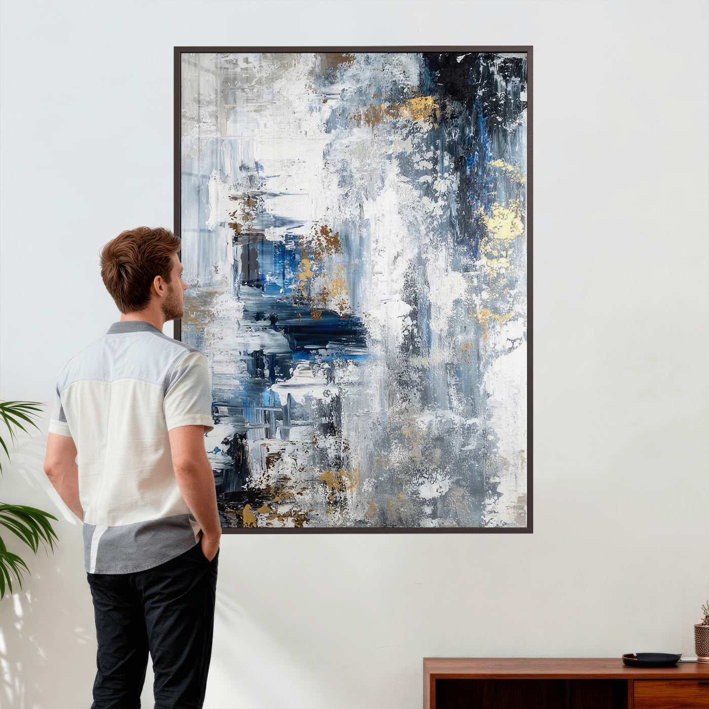 3962948988-MGV-CV-24X36 - Blue Abstract Wall Art Canvas Print, Gold Black Modern Architecture Canvas Print, Contemporary Moody City Artwork for Living Room Decor