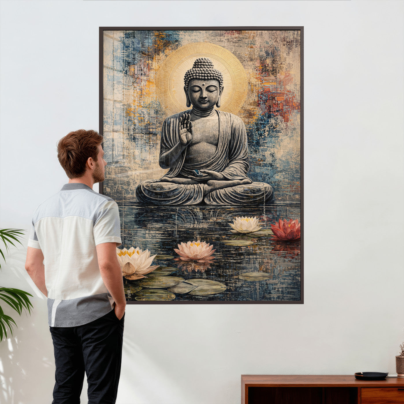 3812625445543-MGV-CV-24X36 - Serene Buddha with Lotus Flowers | Tranquil Meditation Art | Zen Wall Decor for Mindful Living Spaces | Spiritual Canvas Print