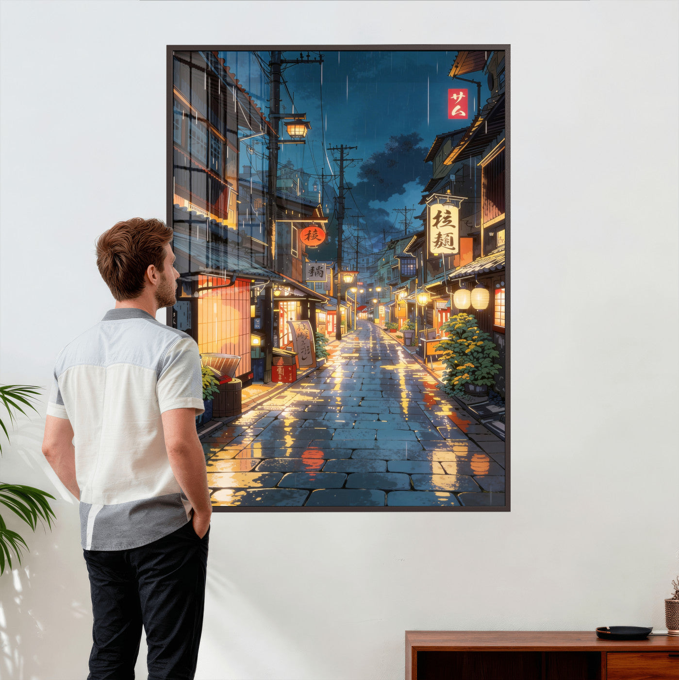 4712069J1-MGV-CV-24X36 - Tokyo Tea House Canvas Wall Art — Japan Rainy Night Street Print | Anime Style Decor | Japanese Tea House Art | Tokyo City Gift