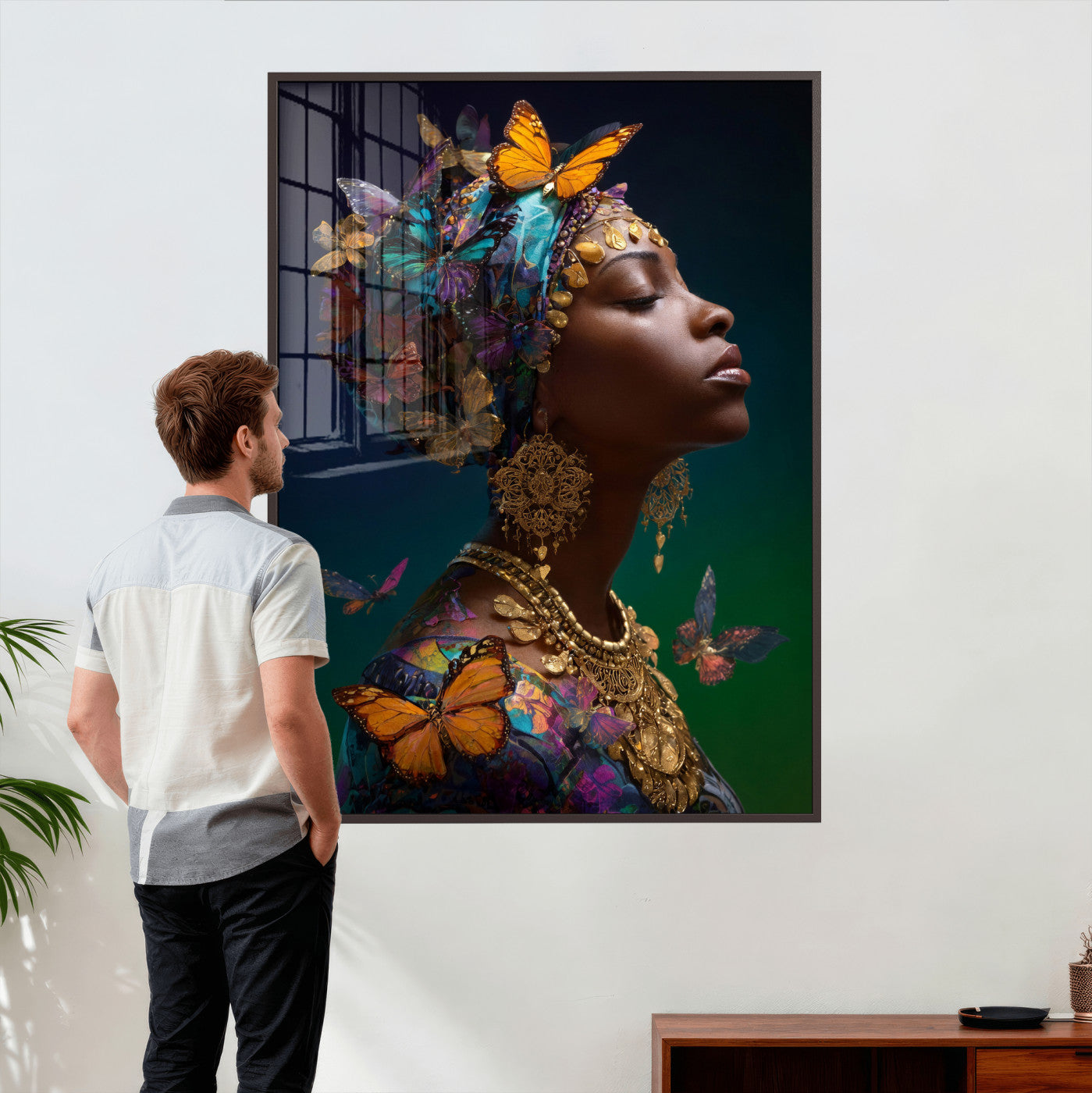 620930SZC0-MGV-CV-24X36 - Butterfly Crown Gold Woman Portrait — Monarch Queen Canvas Print | Teal Dark Fantasy Art | Boho Bedroom Wall Decor | Empowerment Gift Her