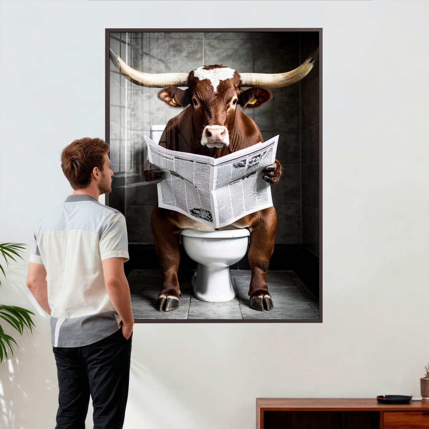 69808726-MGV-CV-24X36 - Texas Longhorn Cow Toilet Paper Canvas Wall Art, Funny Bathroom Black White Print, Cute Animal Humor Decor, Quirky Farmhouse Bathroom Art, Cow Lover Gift