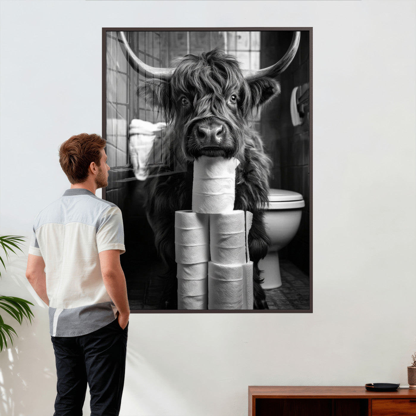 95909209-MGV-CV-24X36 - Highland Cow Toilet Paper Canvas Wall Art, Funny Bathroom Black White Print, Cute Animal Humor Decor, Quirky Farmhouse Bathroom Art, Cow Lover Gift