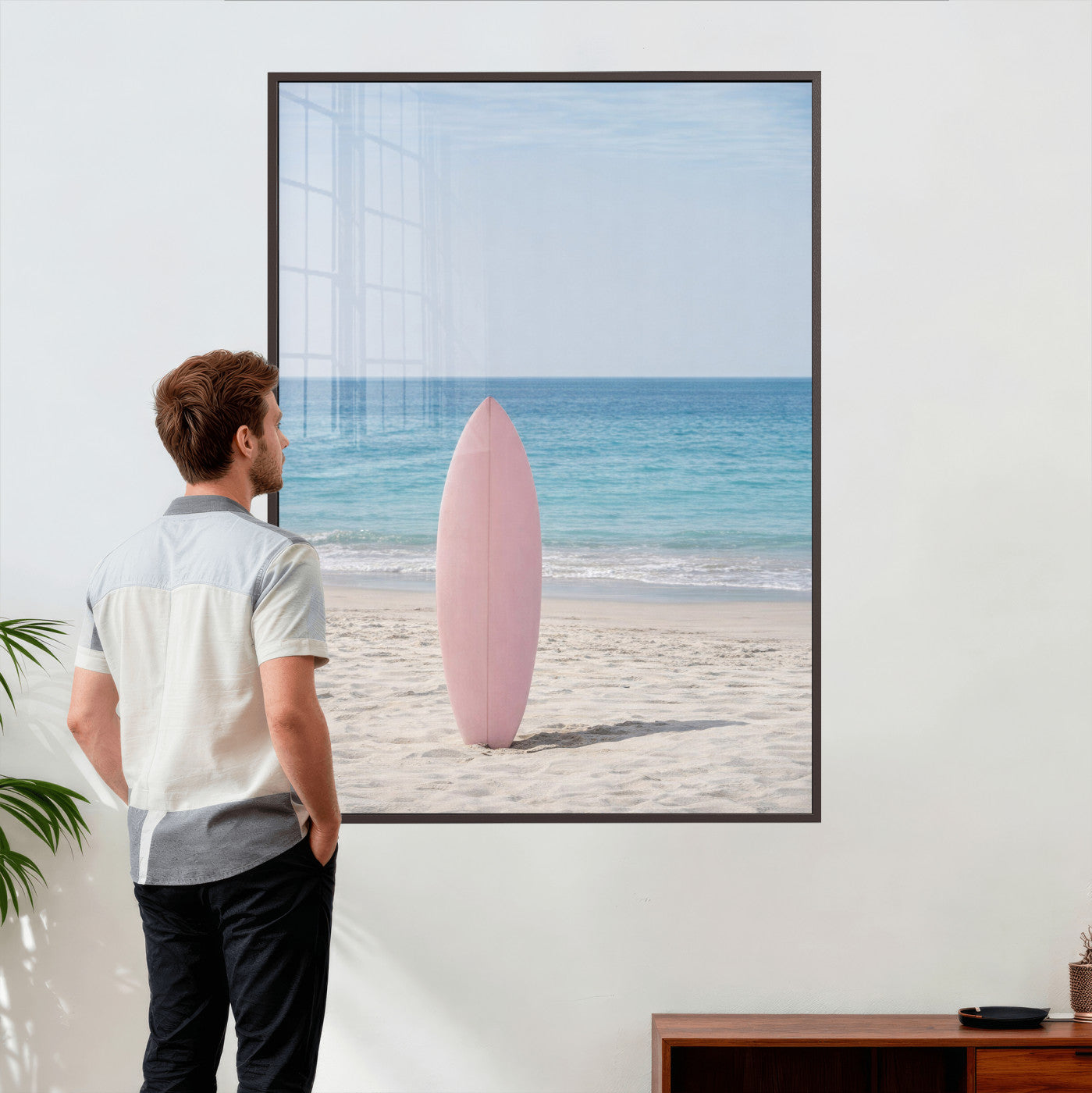 17265103-MGV-CV-24X36 - Pink Surfboard Canvas Wall Art, Minimalist Beach Photography Print, Pastel Ocean Coastal Decor, Girl Beach Room Art, Aesthetic Summer Wall Print