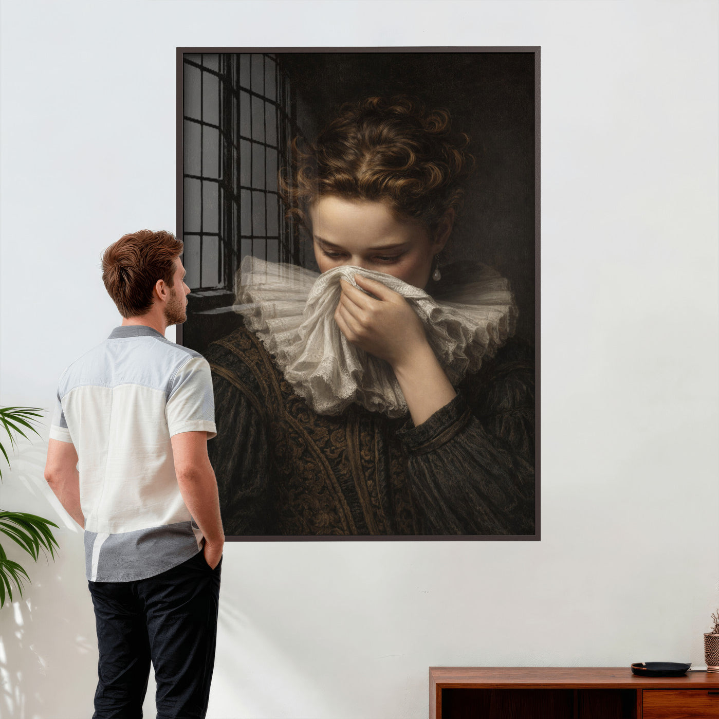 62652430-MGV-CV-24X36 - Baroque Portrait Canvas Wall Art, Flemish Woman with Lace Collar Print for Bathroom Wall Art, Funny Toilet Decor, Renaissance Style Portrait, Moody Vintage Wall Art