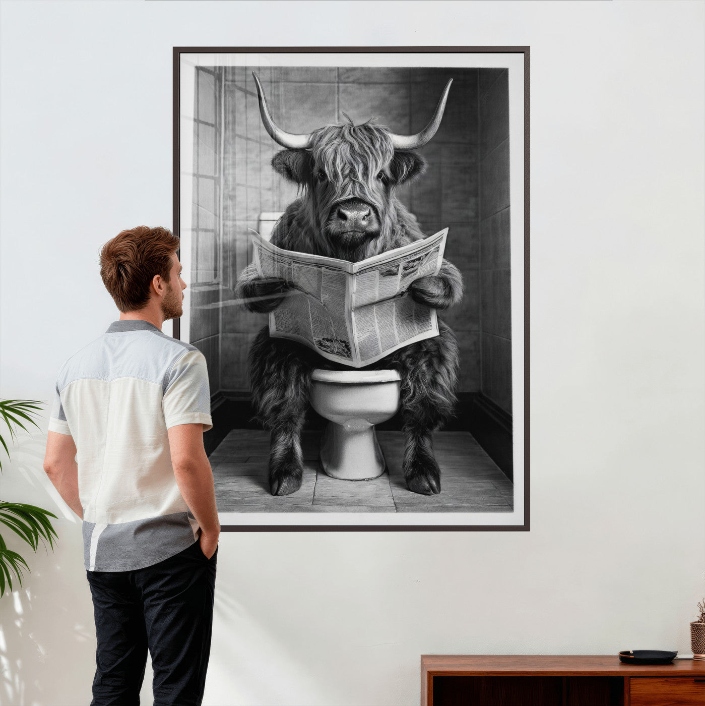 56930218-MGV-CV-24X36 - Funny Bathroom Canvas Wall Art, Texas Longhorn on Toilet Reading Newspaper, Humor Animal Print, Farmhouse Bathroom Decor, Quirky Cow Gift, Toilet Room Art