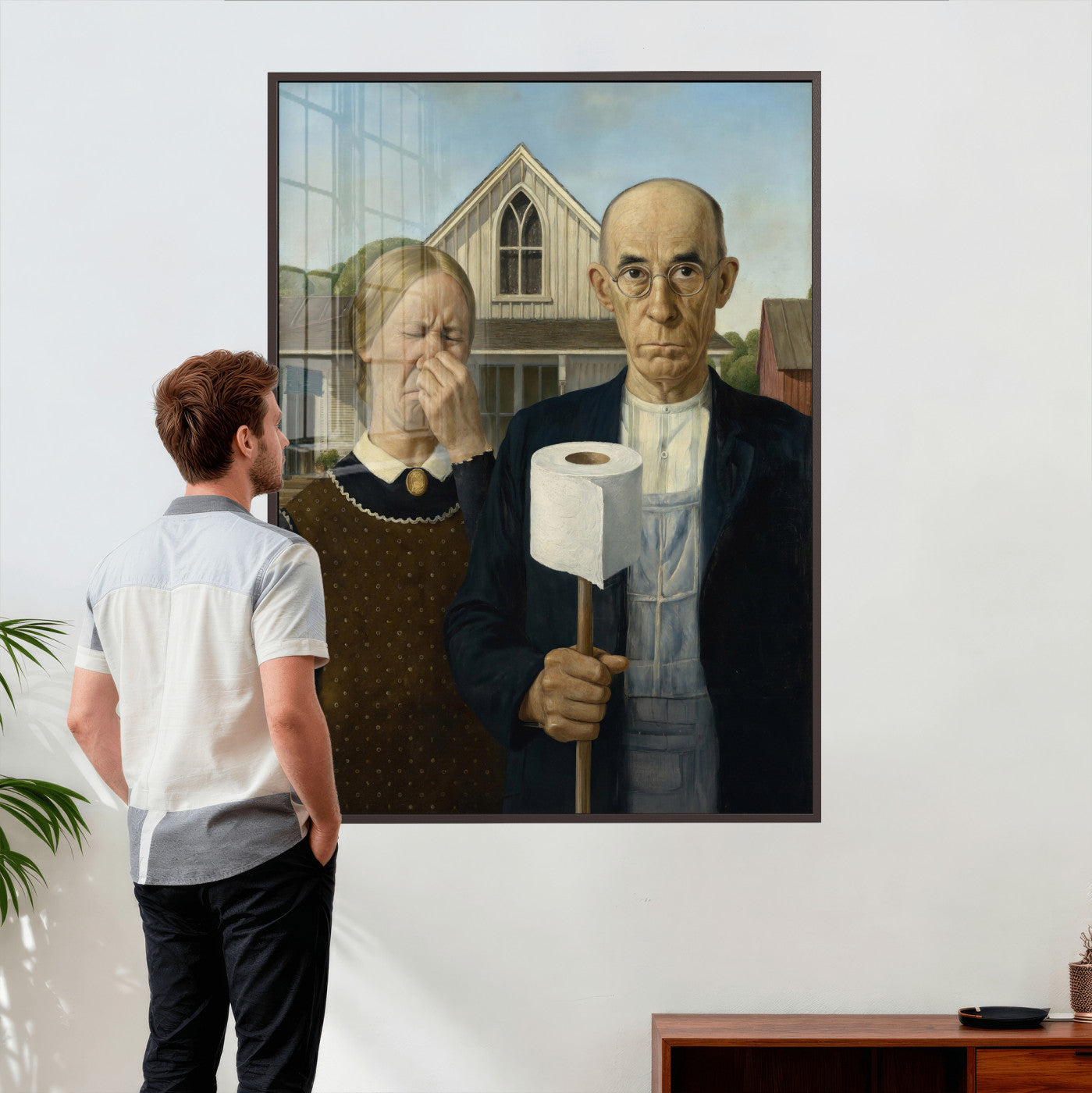 46805085-MGV-CV-24X36 - Funny Bathroom Canvas Wall Art, Grant Wood American Gothic Toilet Paper Parody Print, Humor Bathroom Decor, Classic Art Spoof, Quirky Housewarming Gift