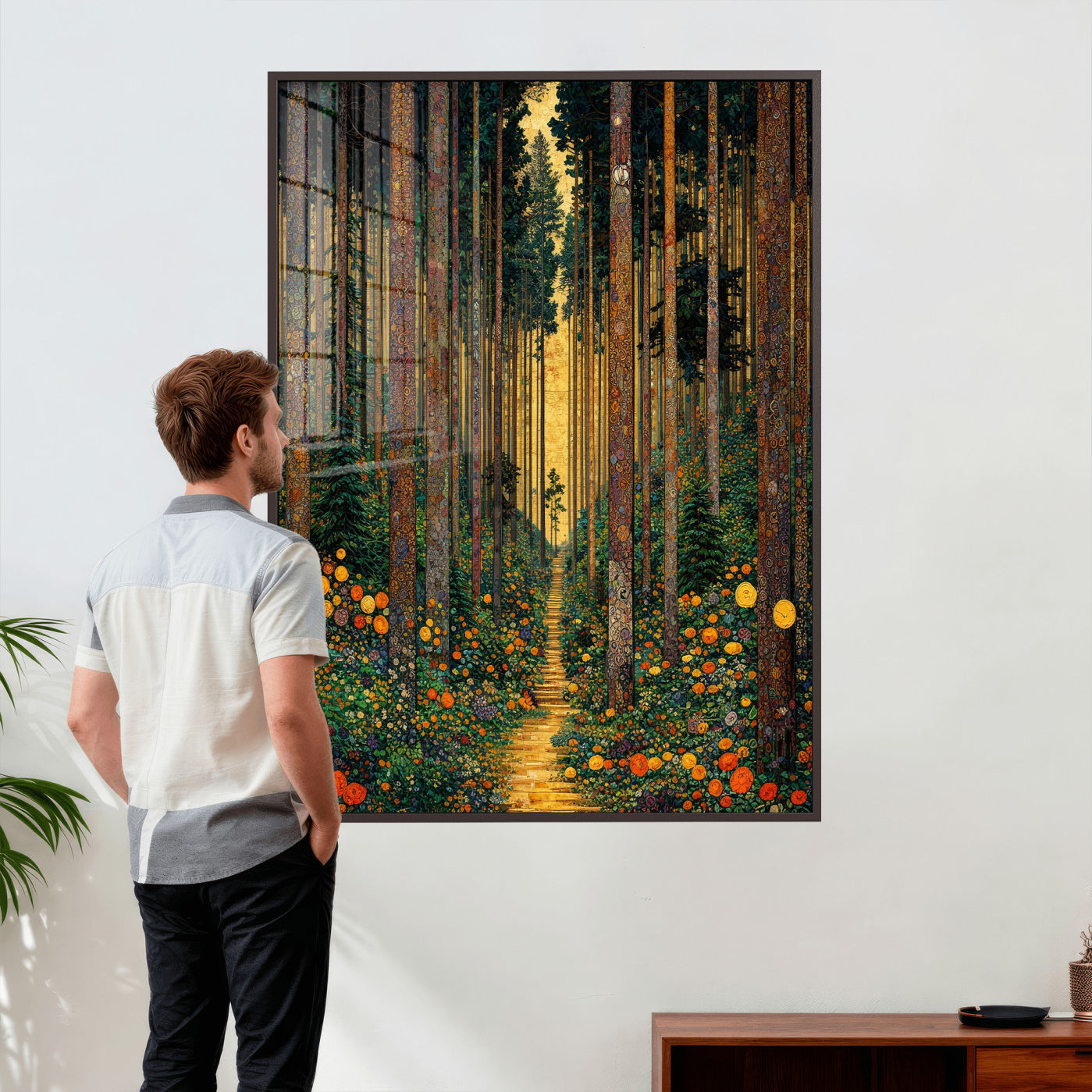 14391546-MGV-CV-24X36 - Gustav Klimt Style Forest Canvas Wall Art, Golden Forest Path Floral Art Nouveau Print, Enchanted Woodland Decor, Maximalist Colorful Nature Art