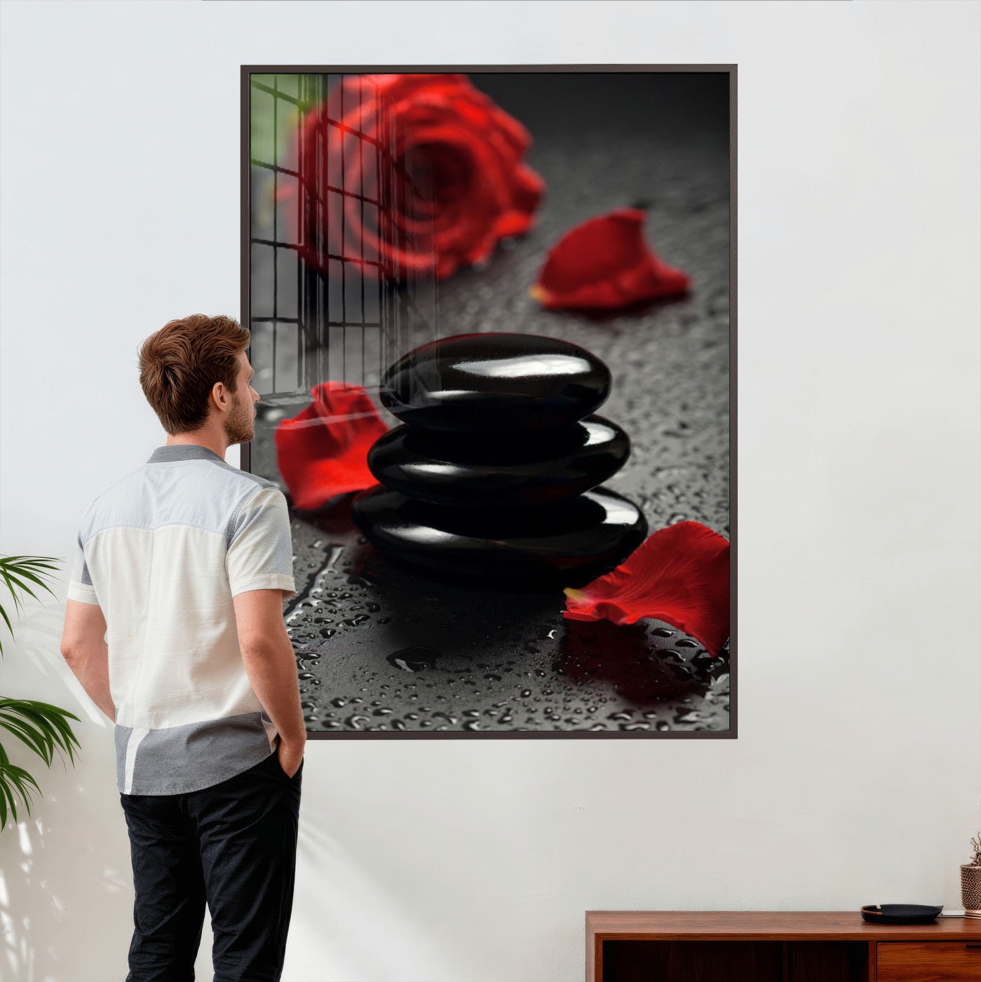 37334763-MGV-CV-24X36 - Black Lava Stone Rose Canvas | Red Rose Spa Photography Print | Stacked Stones Dark Luxury Wall Art | Dramatic Bathroom Decor