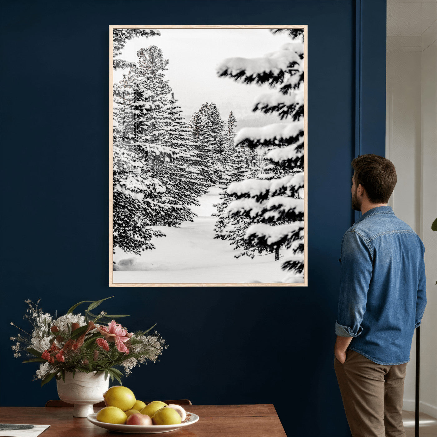 42534505-MGV-CV-24X36 - Snowy Pine Forest Wall Art Canvas Print, Minimal Winter Woodland Landscape, Black and White Nature Artwork