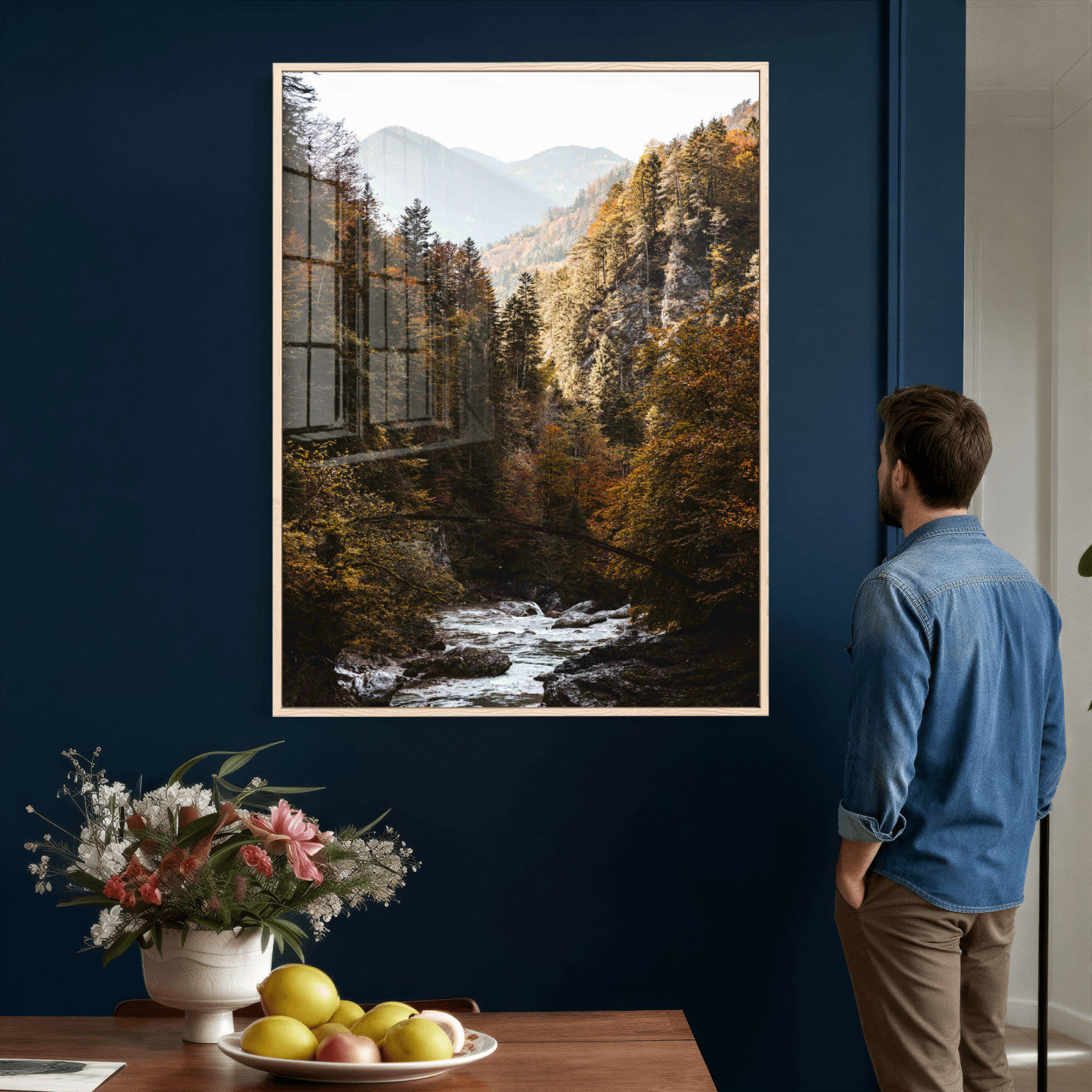 73651627-MGV-CV-24X36 - Autumn Forest Mountain Wall Art Canvas Print, Nature Landscape Wall Decor, Scenic River Forest Artwork, Rustic Woodland Canvas Wall Art, Framed Canvas Wall Art Ready to Hangq