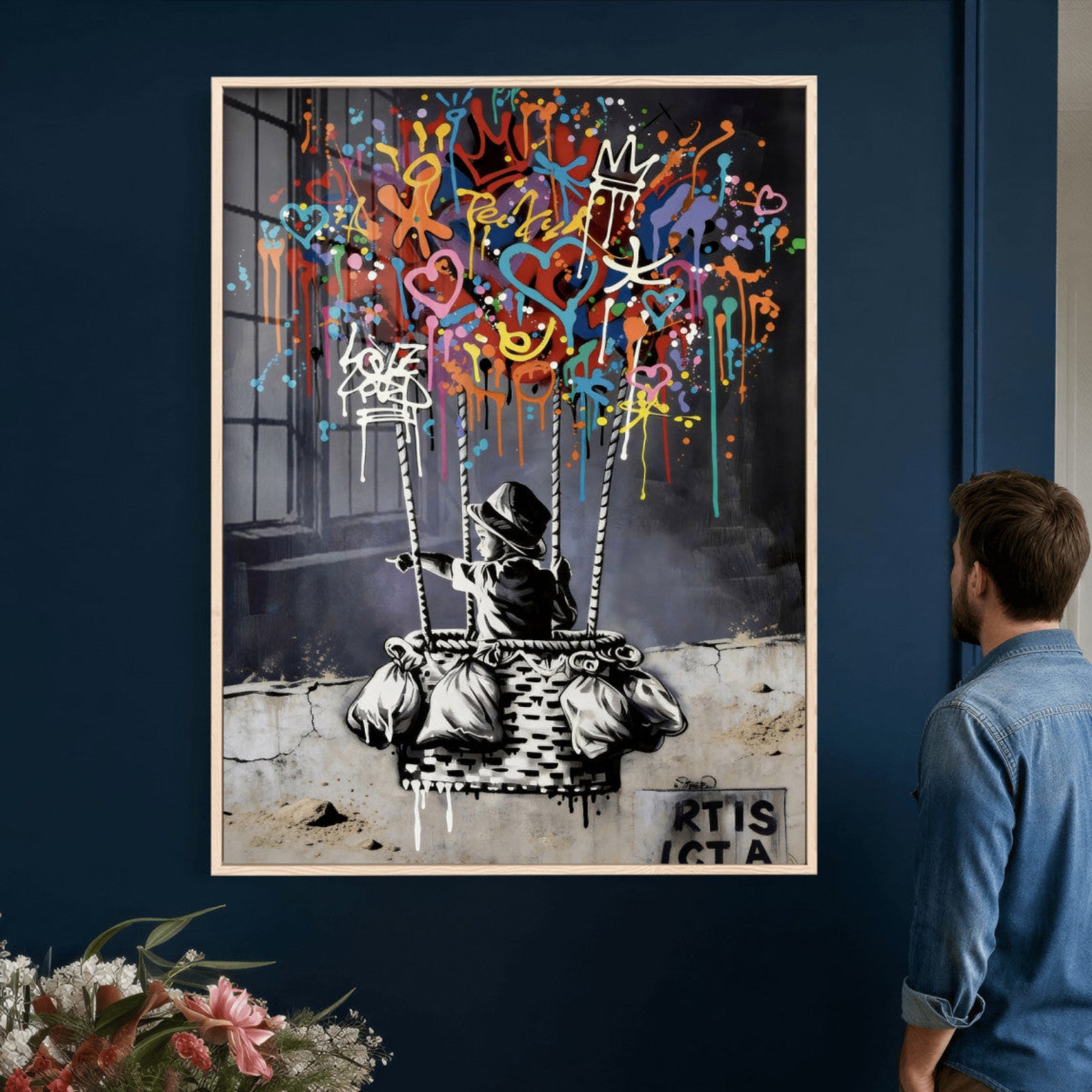 56325542-MGV-CV-24X36 - Banksy Inspired Boy Swing Wall Art Canvas Print, Graffiti Balloon Hearts Street Art, Colorful Urban Mural Artwork for Modern Living Room Decor