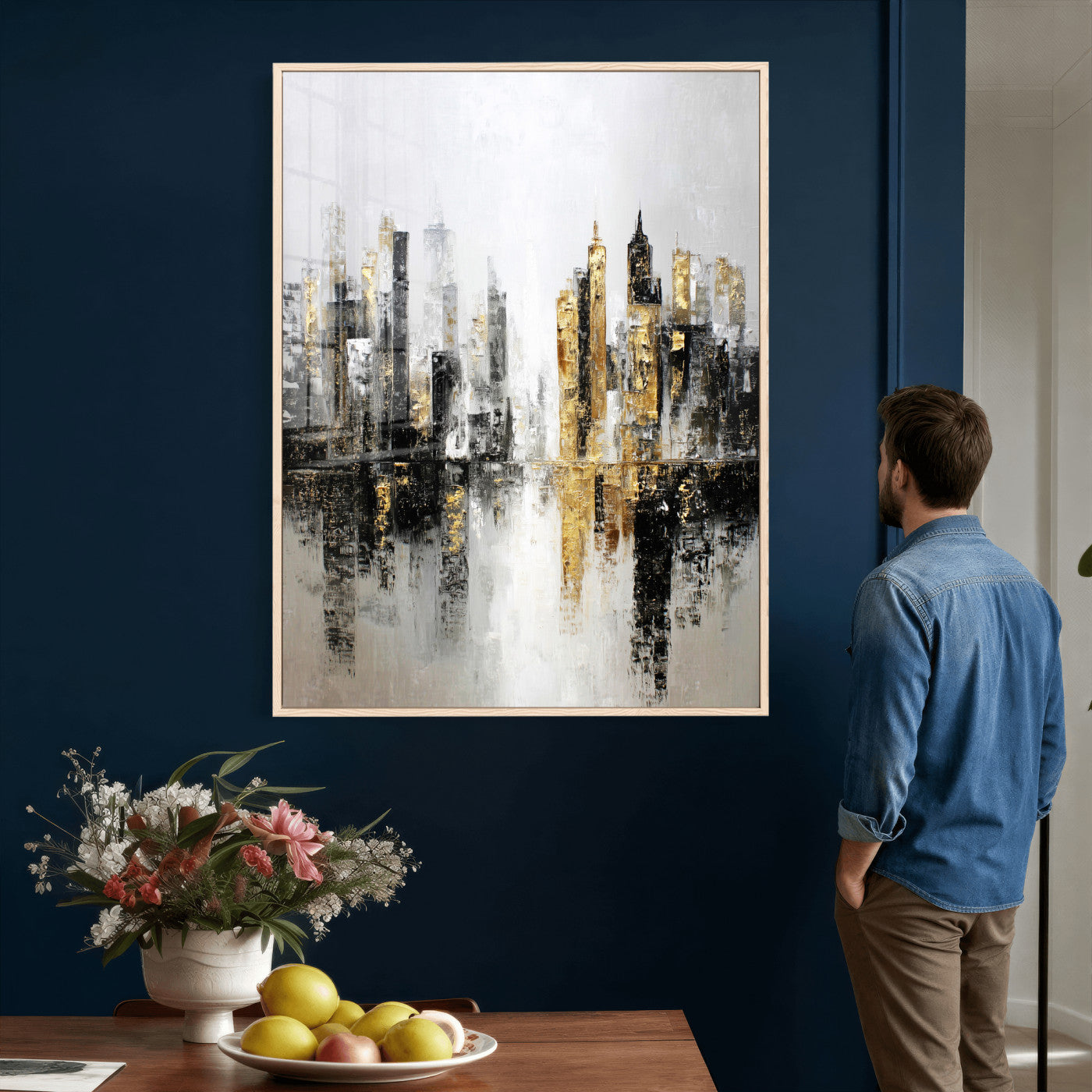 38126217-MGV-CV-24X36 - Abstract Urban Reflection Wall Art Canvas Print, Gold Black Modern Architecture Canvas Print, Contemporary Moody City Artwork for Living Room Decor