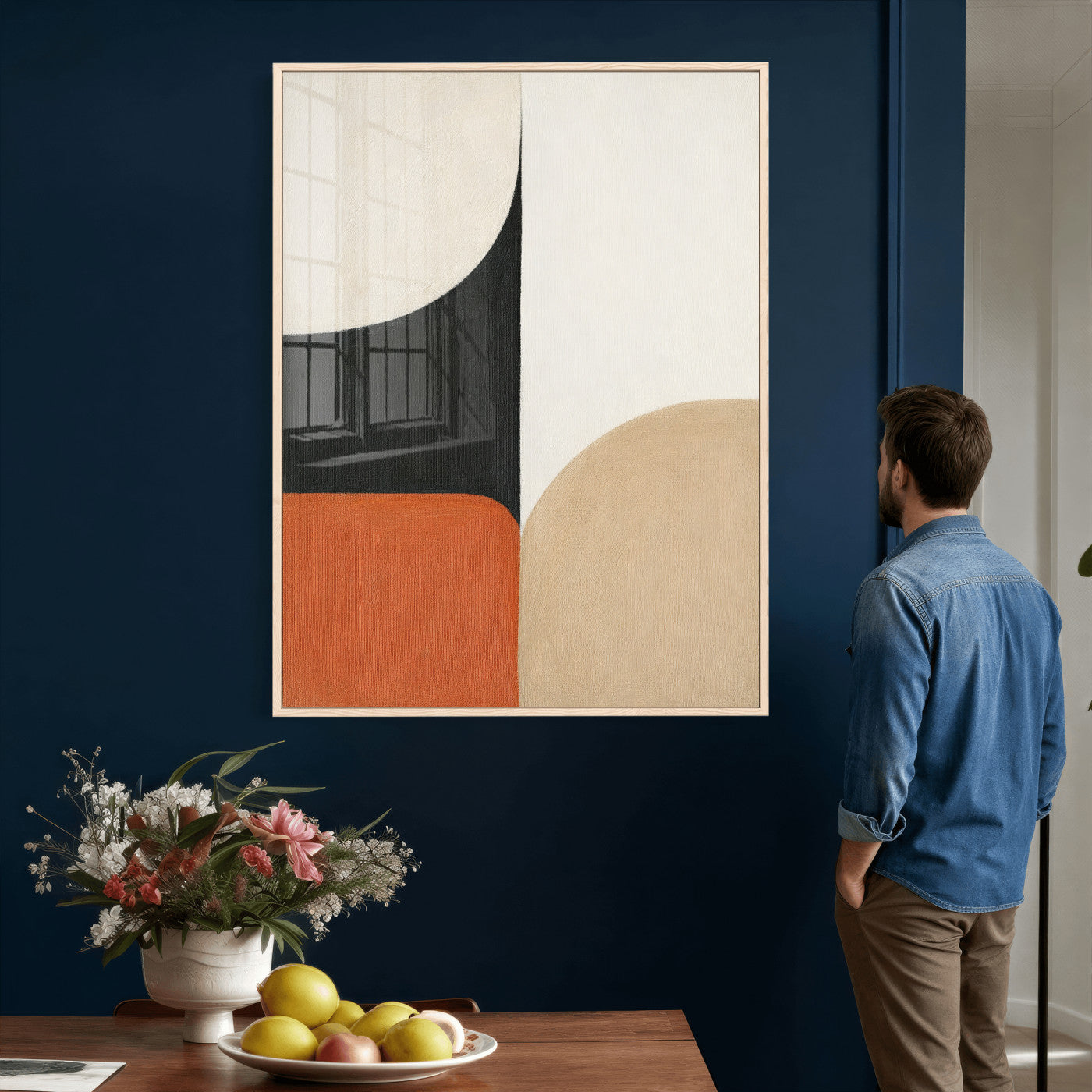 38800649-MGV-CV-24X36 - Geometric Abstract Wall Art Canvas Print, Orange Blue Abstract Expressionist Painting Print, Modern Geometric Abstract Canvas Art
