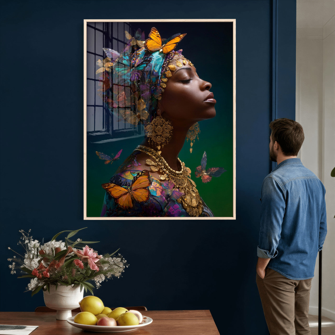 620930SZC0-MGV-CV-24X36 - Butterfly Crown Gold Woman Portrait — Monarch Queen Canvas Print | Teal Dark Fantasy Art | Boho Bedroom Wall Decor | Empowerment Gift Her