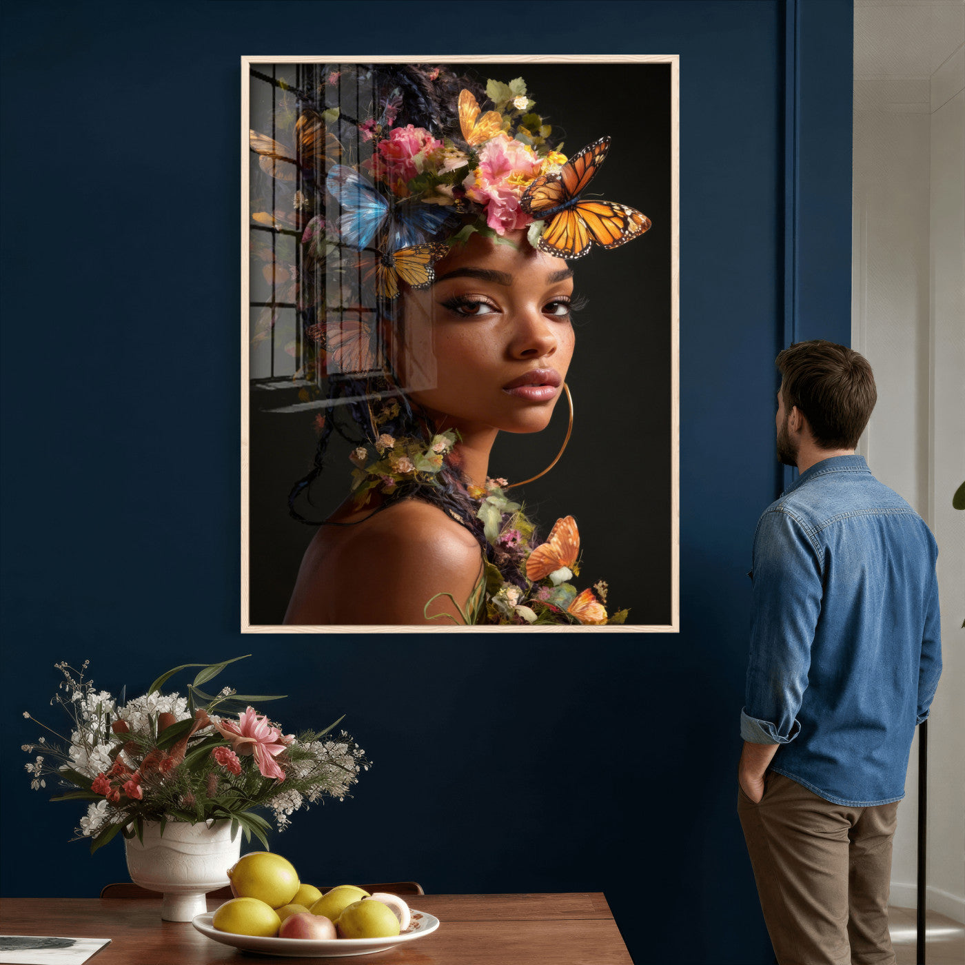 620930SZC10-MGV-CV-24X36 - Butterfly Crown Gold Woman Portrait — Monarch Queen Canvas Print | Teal Dark Fantasy Art | Boho Bedroom Wall Decor | Empowerment Gift Her
