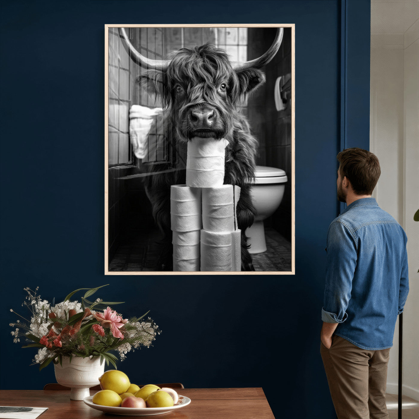 95909209-MGV-CV-24X36 - Highland Cow Toilet Paper Canvas Wall Art, Funny Bathroom Black White Print, Cute Animal Humor Decor, Quirky Farmhouse Bathroom Art, Cow Lover Gift